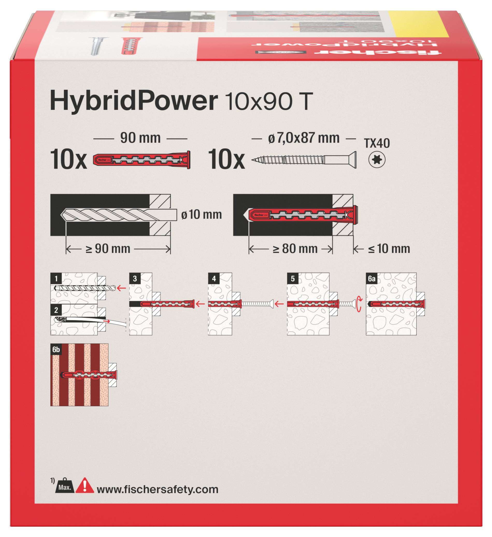 Paketaufkleber für Fischer HybridPower 10x90 T Wanddübel mit Schraube und Lochabmessungen sowie Schritt-für-Schritt-Installationsdiagramme für Mauerwerk und Plattenwerkstoffe.
