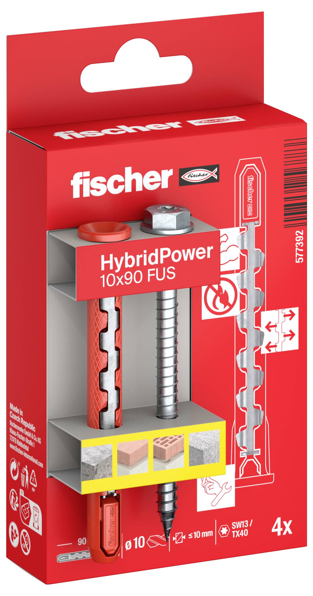 'Fischer HybridPower 10x90 FUS' Verpackung zeigt eine Schraube und Dübel zur sicheren Befestigung auf verschiedenen Oberflächen, enthält 4 Stück.