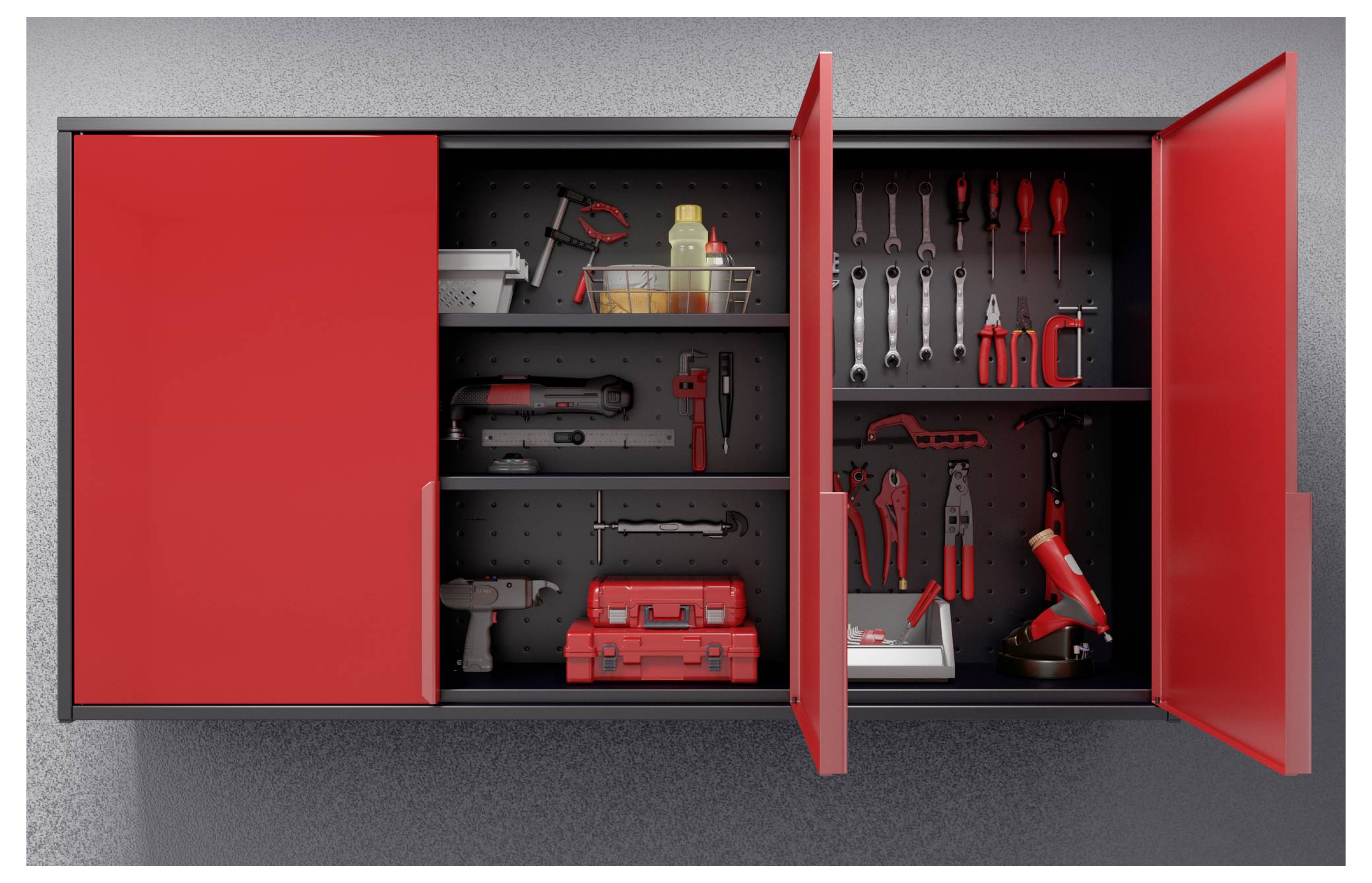 Offenes rotes, wandmontiertes Werkzeugschrank mit Regalen, die Handwerkzeuge, Elektrowerkzeuge und eine rote Werkzeugbox halten; Türen sind teilweise geöffnet.