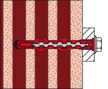 Querschnittsdiagramm einer Wandverankerung/eines Bolzens mit einer Schraube, die durch Schichtmaterial verläuft und sich innen ausdehnt, um eine montierte Halterung zu halten.
