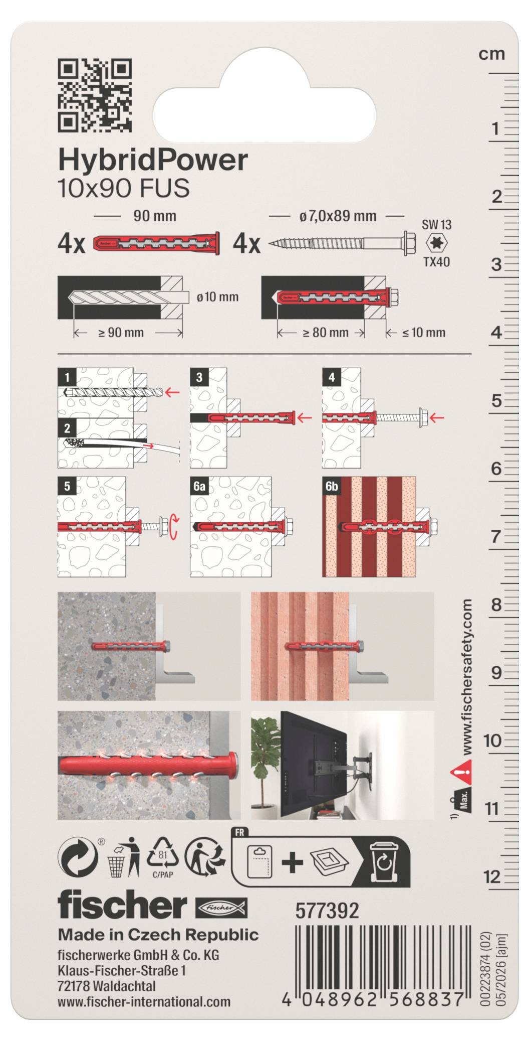 Fischer HybridPower 10x90 FUS Wanddübel-Paket mit Installationsdiagrammen, Schraubengrößen und Strichcode auf einer beigen Karte.