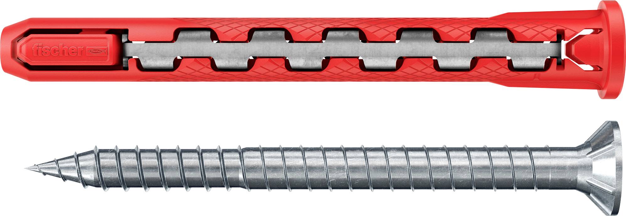 Ein roter Wanddübel und eine Metallschraube auf weißem Hintergrund, die Gegenstände zum sicheren Befestigen von Objekten an Wänden zeigen.