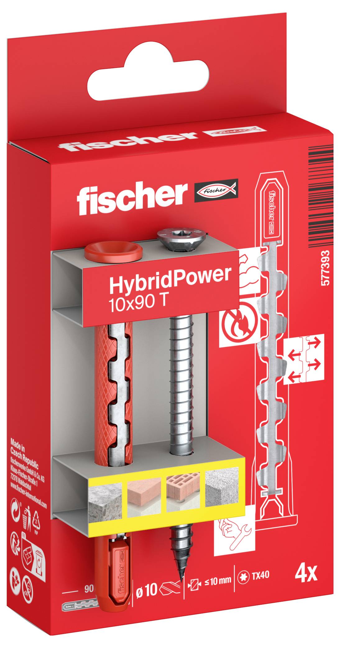 Die Abbildung zeigt eine rote Fischer-Box mit der Beschriftung 'HybridPower 10x90 T'. Sie enthält vier Metall- und Kunststoffschrauben, die zum Befestigen schwerer Objekte entwickelt sind.