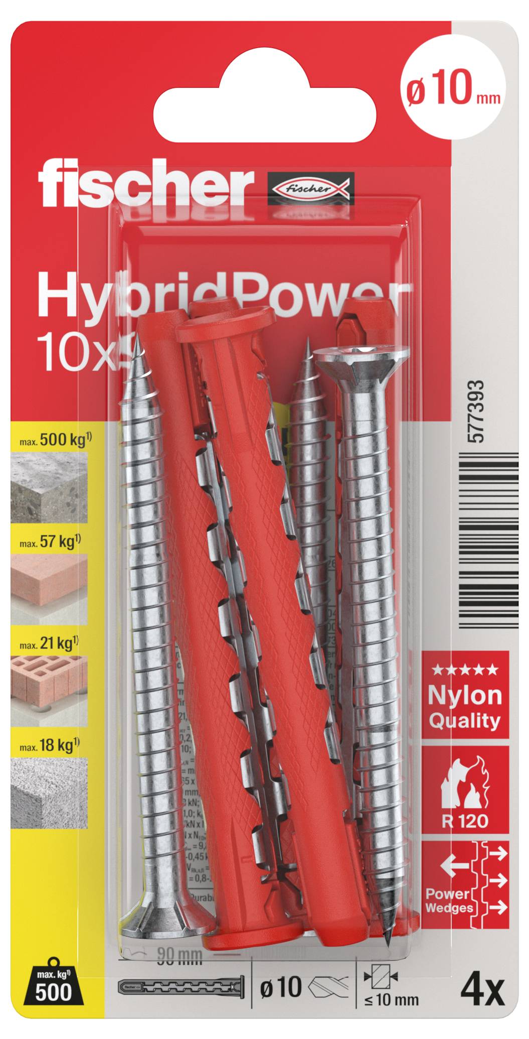 Fischer HybridPower 10x80 Wanddübelpack mit 4 roten Dübeln, für 10 mm Bohrungen, mit der Kennzeichnung „Nylon Qualität