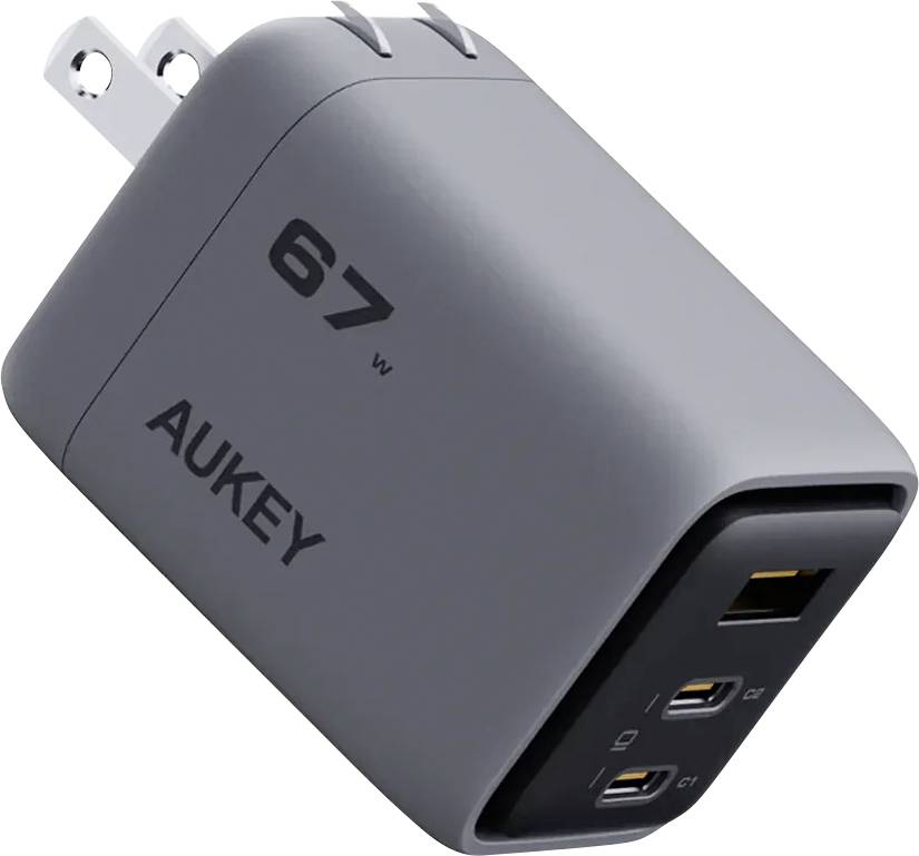 Ein grauer Aukey 67W Wandladegerät mit zwei USB-C-Anschlüssen und einem USB-A-Anschluss, entwickelt für effizientes Geräteladen.