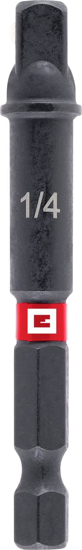 Ein schwarzer Metallbohrer mit Sechskantschaft und der Aufschrift '1/4', versehen mit einem roten Ring mit rechteckigem Design in der Mitte.