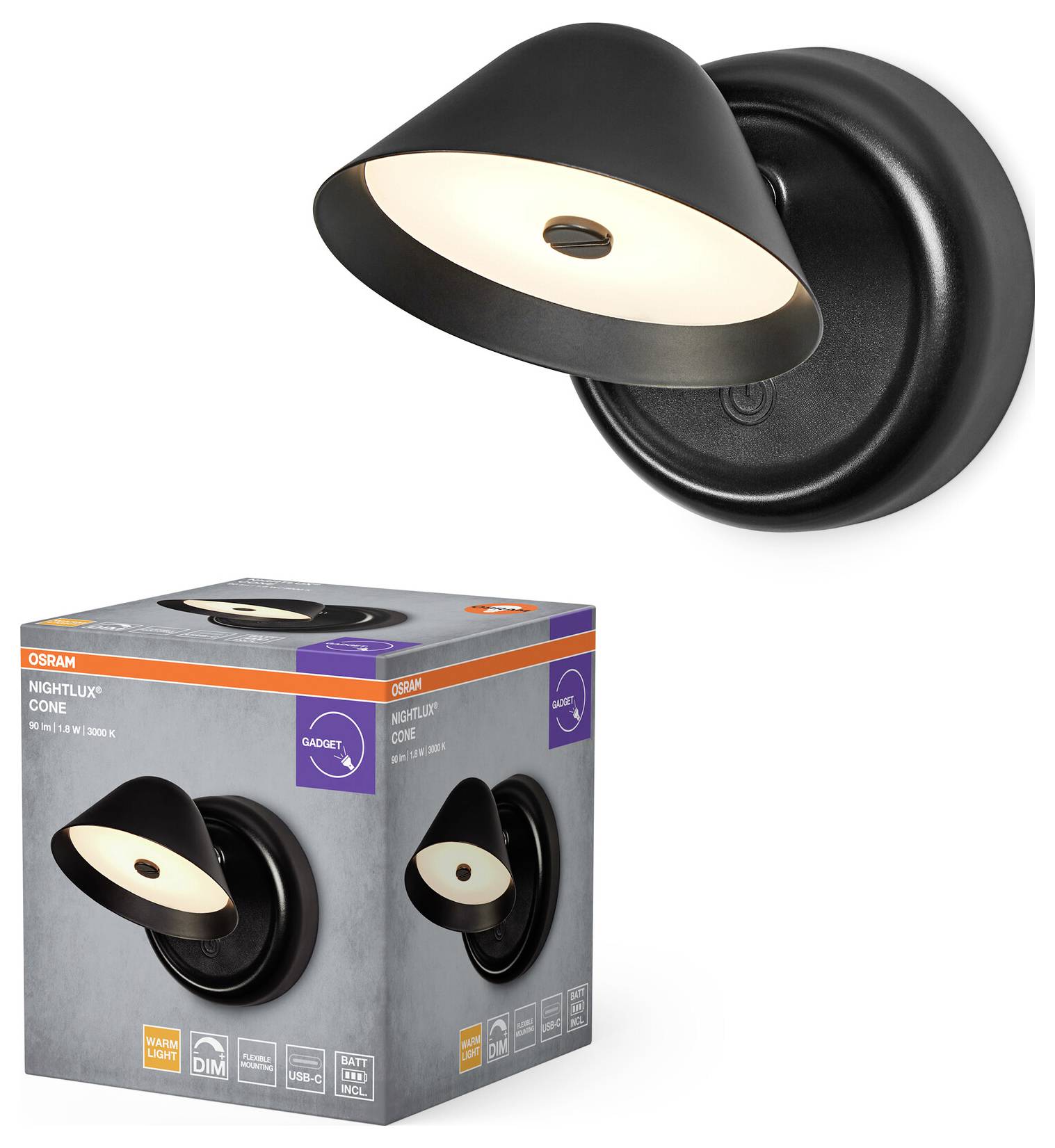 OSRAM HOMELIGHTING NIGHTLUX CONE 830 DIM USB Black 4099854478789 Wandleuchte 1.80W Schwarz
