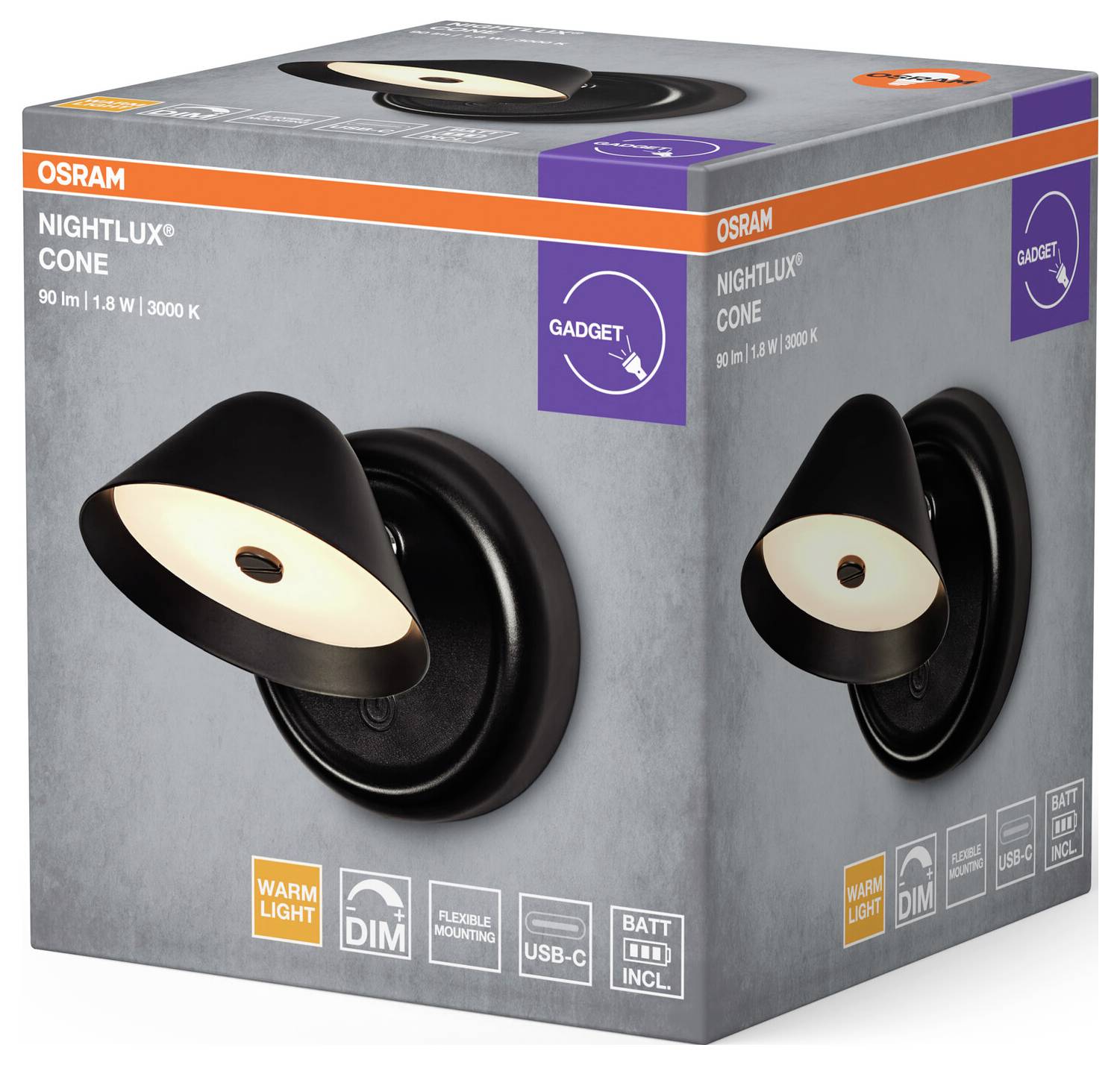 OSRAM HOMELIGHTING NIGHTLUX CONE 830 DIM USB Black 4099854478789 Wandleuchte 1.80W Schwarz