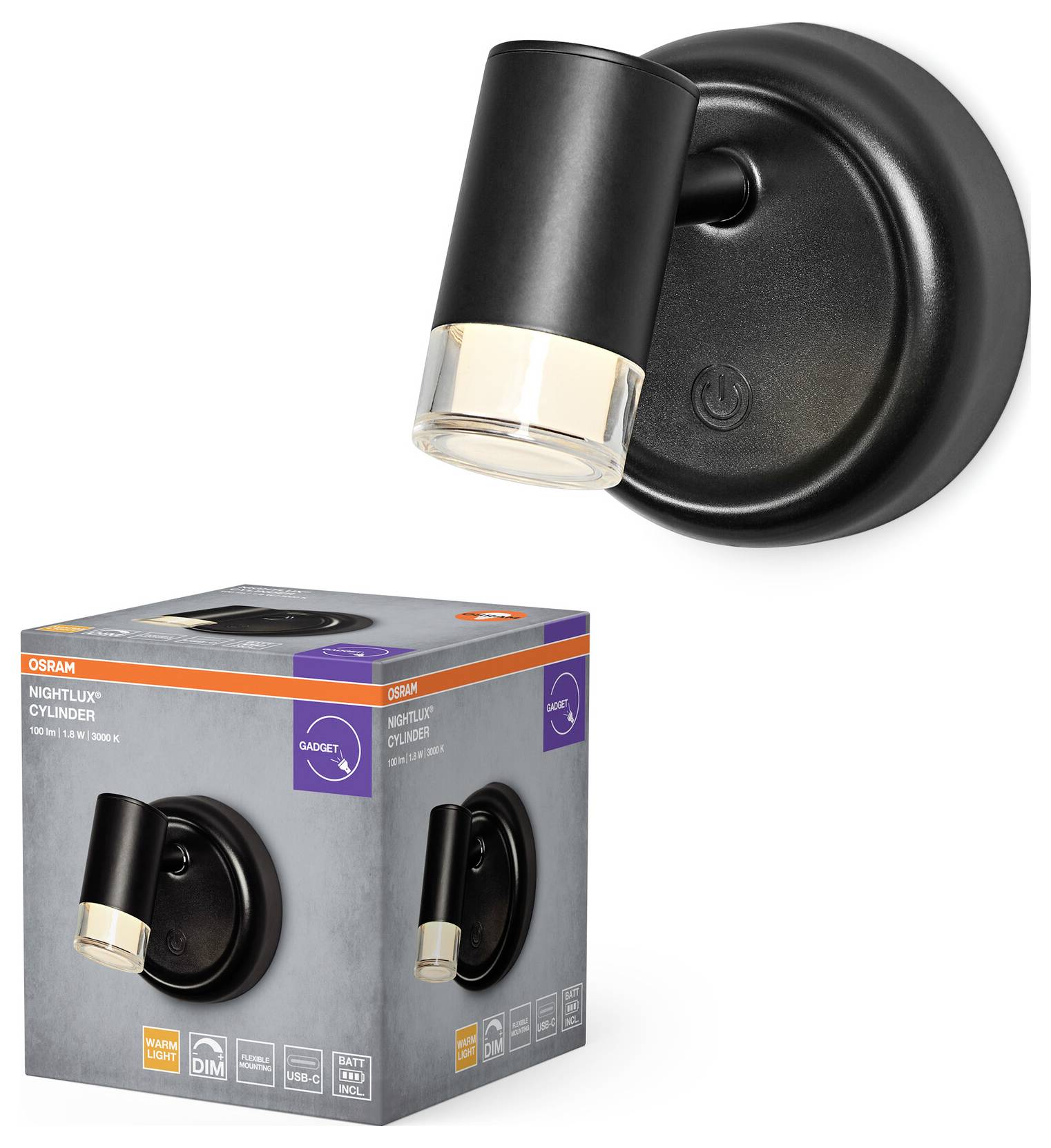 OSRAM HOMELIGHTING NIGHTLUX CYLINDER 830 DIM USB Black 4099854478918 Wandleuchte 1.80W Schwarz