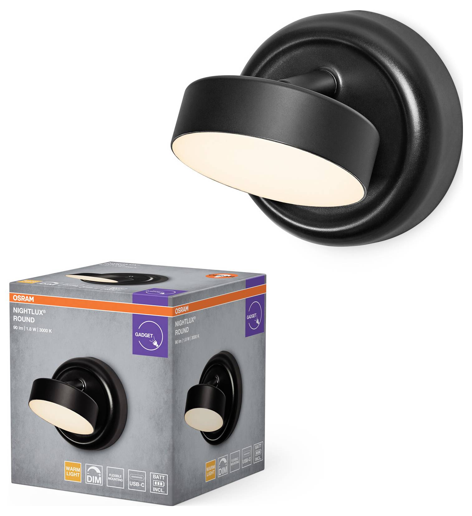 OSRAM HOMELIGHTING NIGHTLUX ROUND 830 DIM USB Black 4099854478826 Wandleuchte 1.80W Schwarz