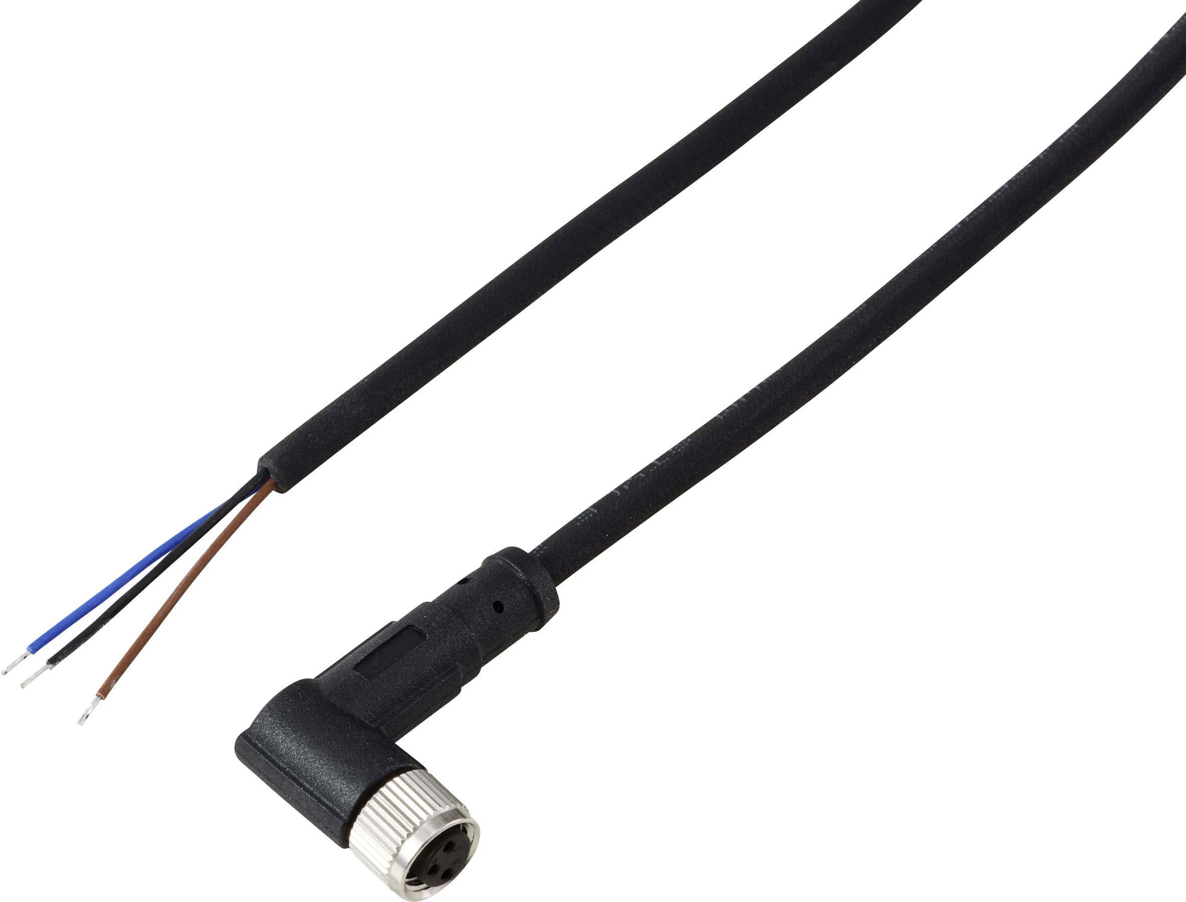 Ein 90-Grad-Kabel in Schwarz mit drei freigelegten Drähten (blau, braun, weiß) für elektrische Verbindungen und einem kreisförmigen Anschluss.