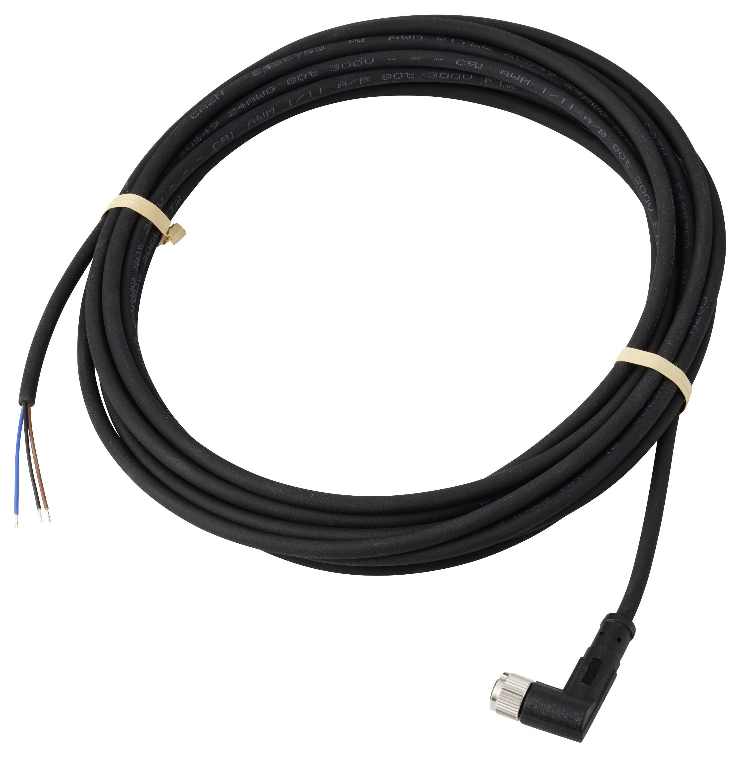 Ein langes schwarzes Kabel mit einem Winkelstecker an einem Ende und drei freigelegten Drähten am anderen Ende, wahrscheinlich für elektrische Zwecke.