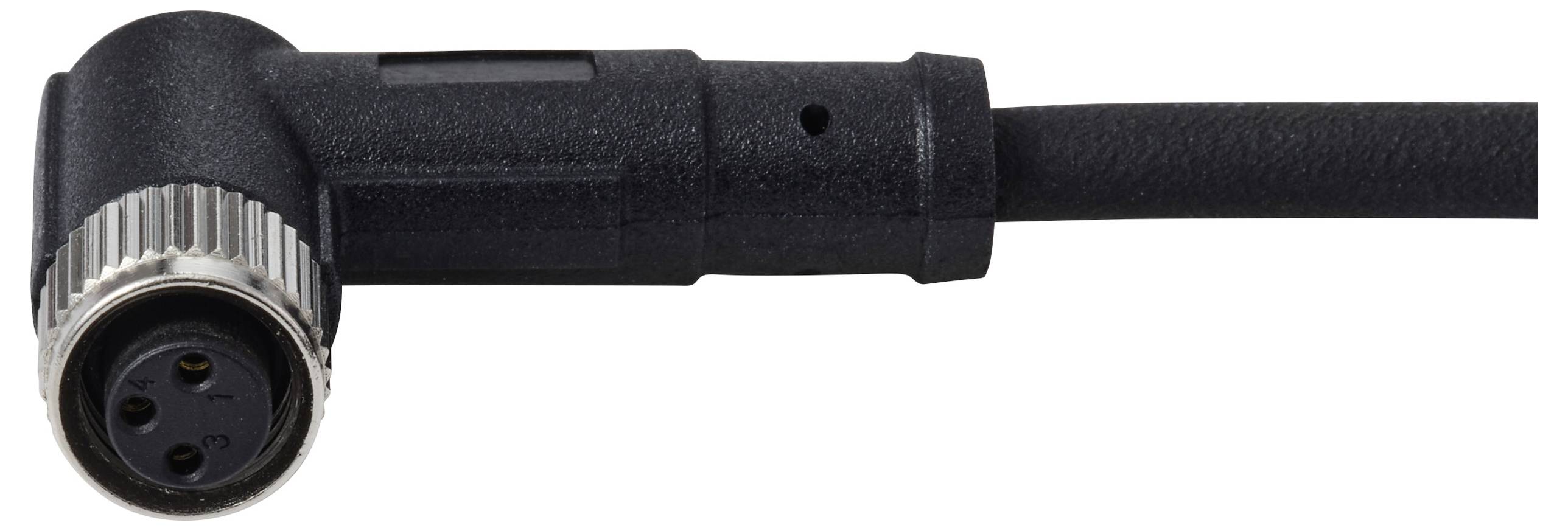Ein schwarzer, rechtwinkliger industrieller Kabelstecker mit einem Metallring, der drei sichtbare Buchsenkontakte aufweist, vor einem weißen Hintergrund.