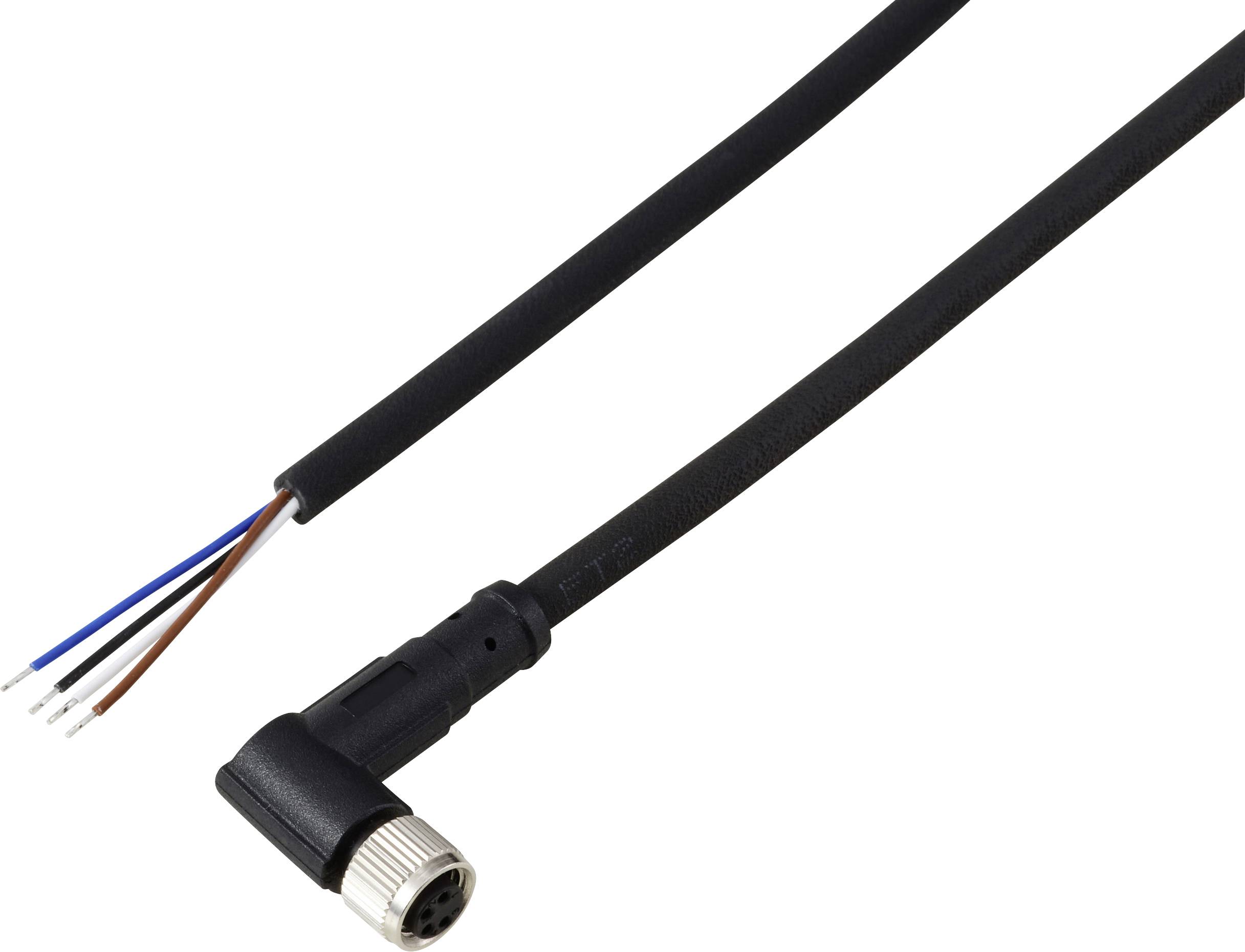 Ein schwarzes, rundes Verbindungskabel mit freigelegten Leitungen an einem Ende und einem rechtwinkligen Stecker am anderen Ende, verwendet für elektronische Verbindungen.