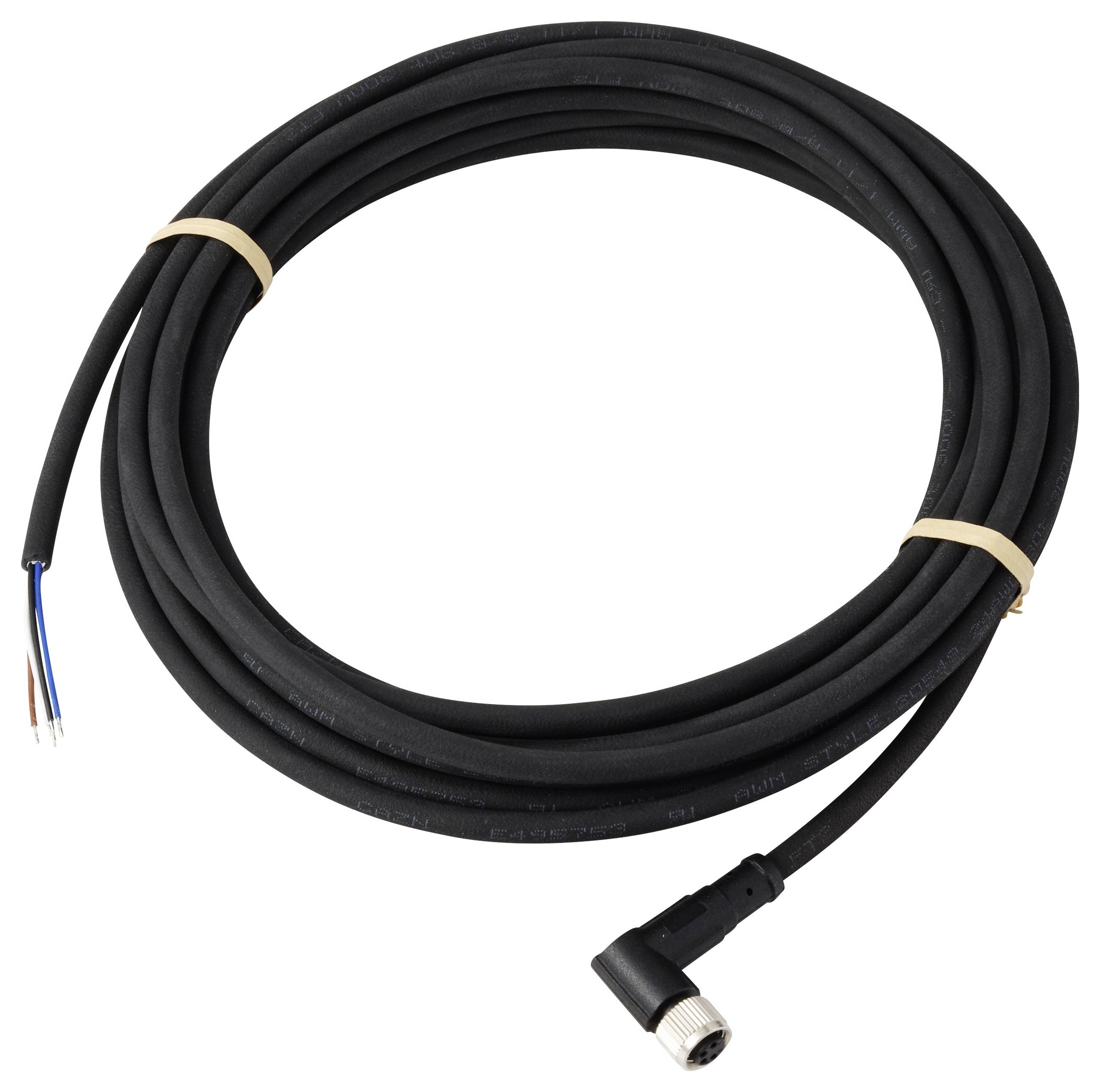 Ein aufgewickeltes schwarzes Kabel mit einem Steckerverbinder an einem Ende und drei freiliegenden Drähten am anderen Ende, gesichert mit Gummibändern.