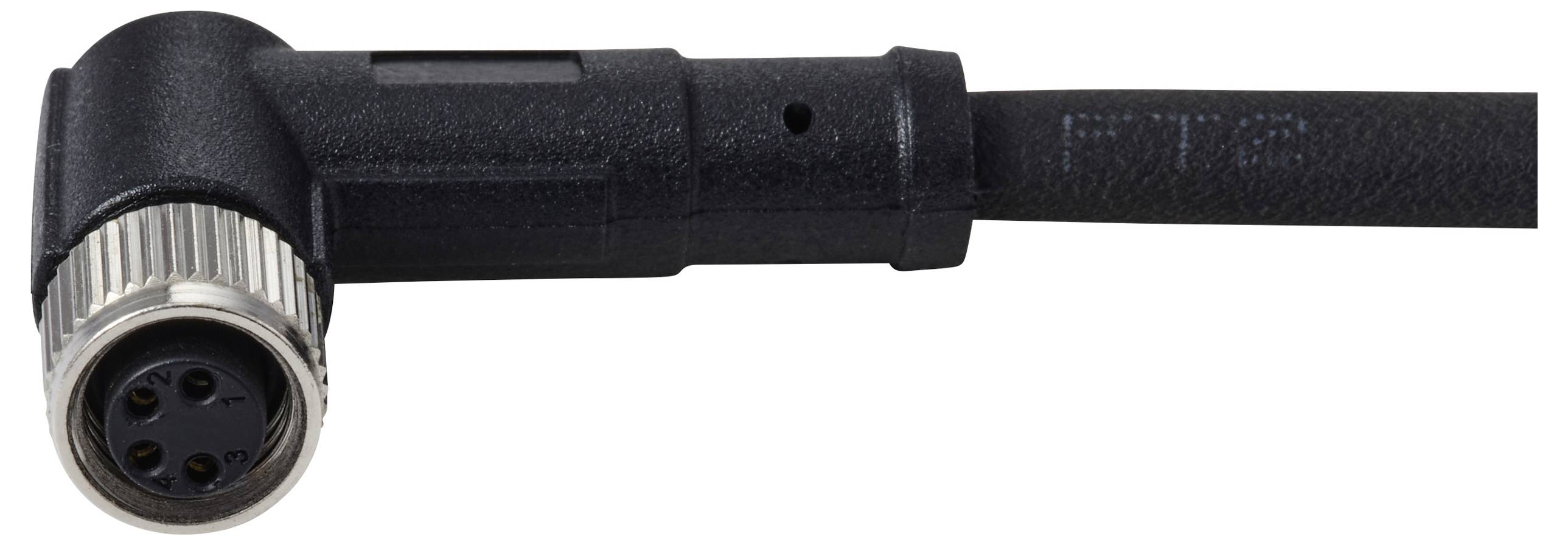 Eine Nahaufnahme eines schwarzen Winkelstromsteckers mit einem Metallring, der vier kleine Löcher für Stifte zeigt. Angeschlossen an ein schwarzes Kabel.