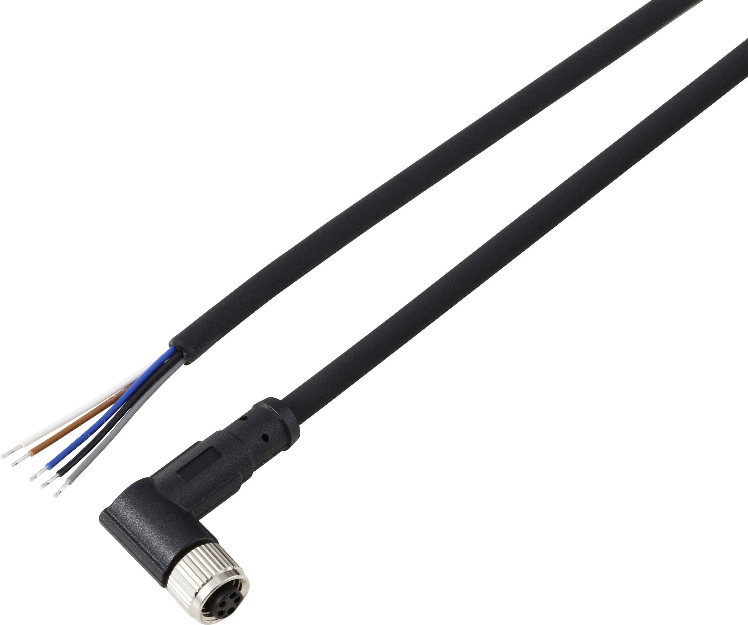 Ein schwarzes Kabel mit einem gewinkelten Anschluss und fünf freigelegten Drähten an einem Ende, wobei jeder Draht in einer anderen Farbe ist: weiß, blau, braun, schwarz und rot.