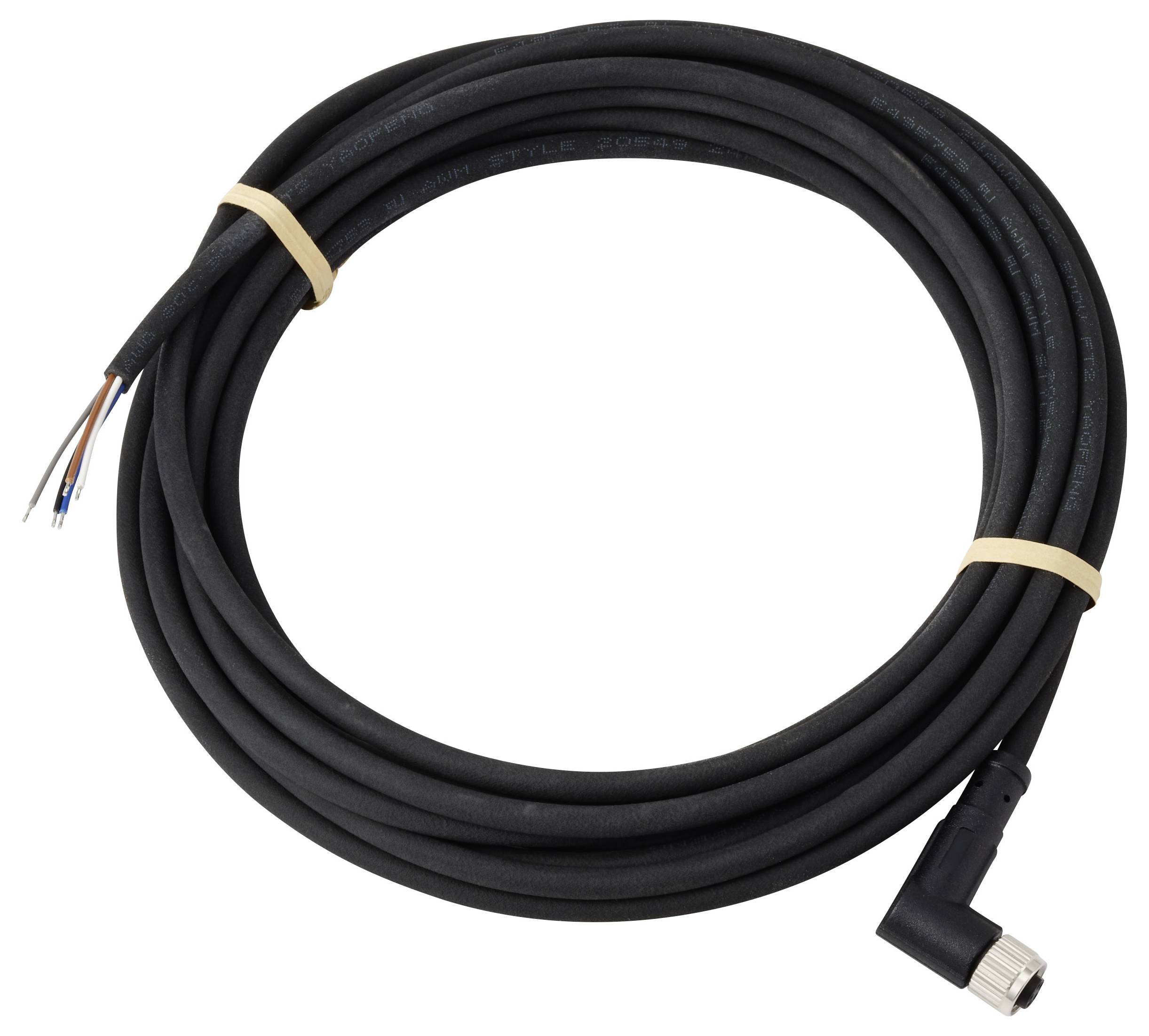 Ein gewickeltes schwarzes Kabel mit einem gewinkelten Anschluss an einem Ende und drei freiliegenden Drähten am anderen Ende, mit Gummibändern befestigt.