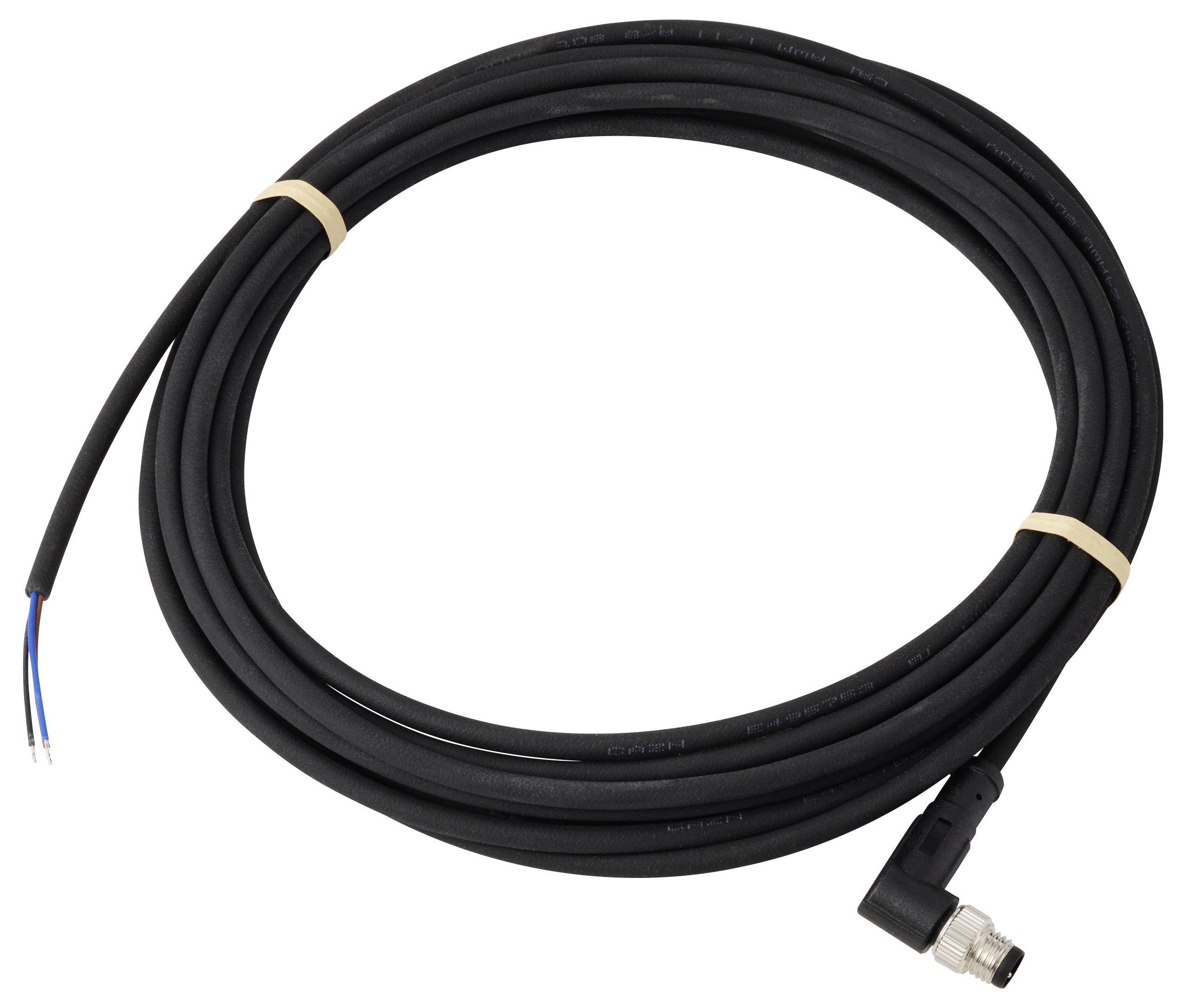 Schwarzes, gewickeltes Kabel mit einem Winkelstecker und freiliegenden Leitungen am gegenüberliegenden Ende, gesichert durch Gummibänder.