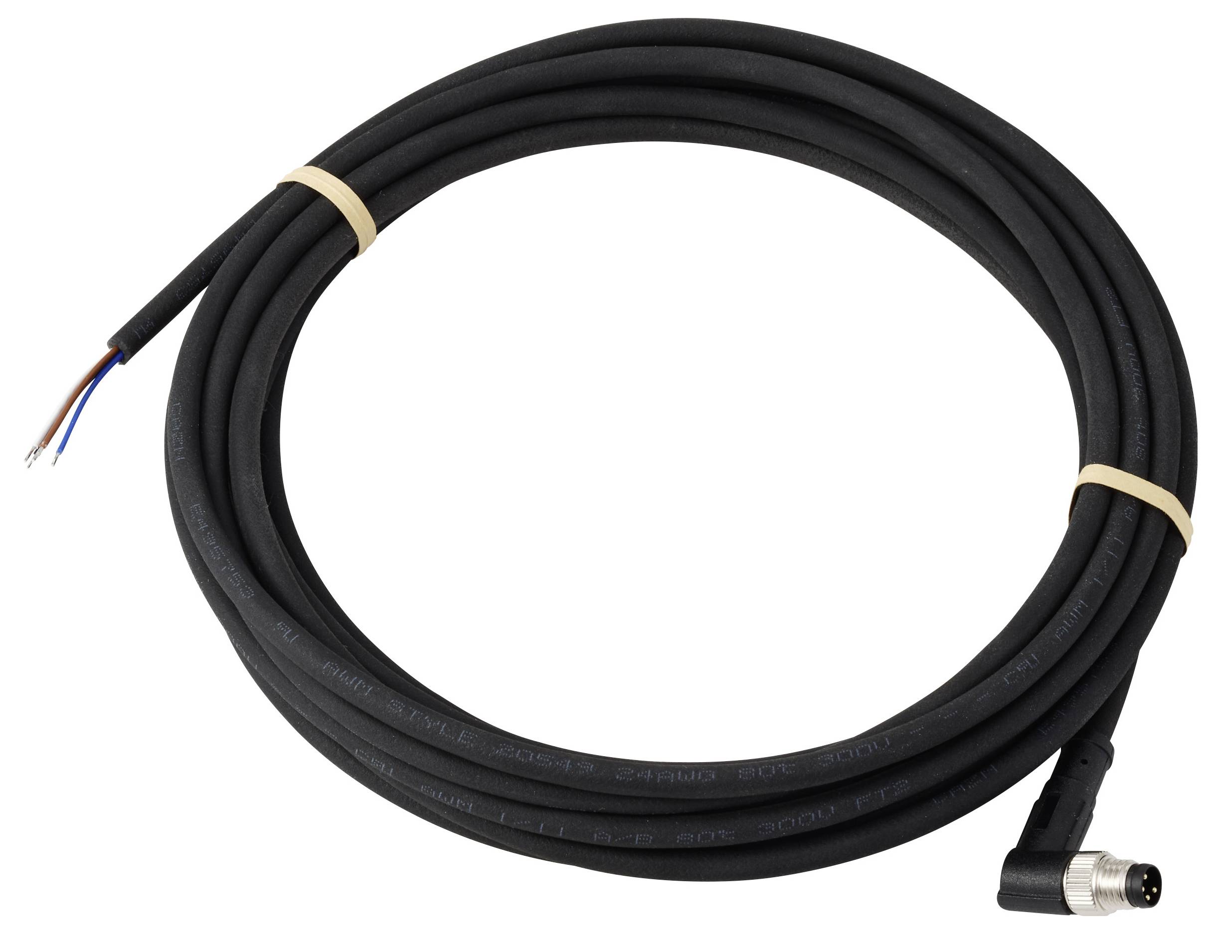 Ein aufgewickeltes schwarzes Kabel mit einem Mehrfachanschluss an einem Ende und freigelegten Leitungen am anderen Ende, mit Gummibändern gesichert.