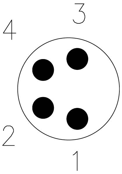 Ein Kreis mit vier schwarzen Punkten im Inneren bildet ein quadratisches Muster. Die Zahlen 1 bis 4 sind gleichmäßig um den Kreis verteilt.