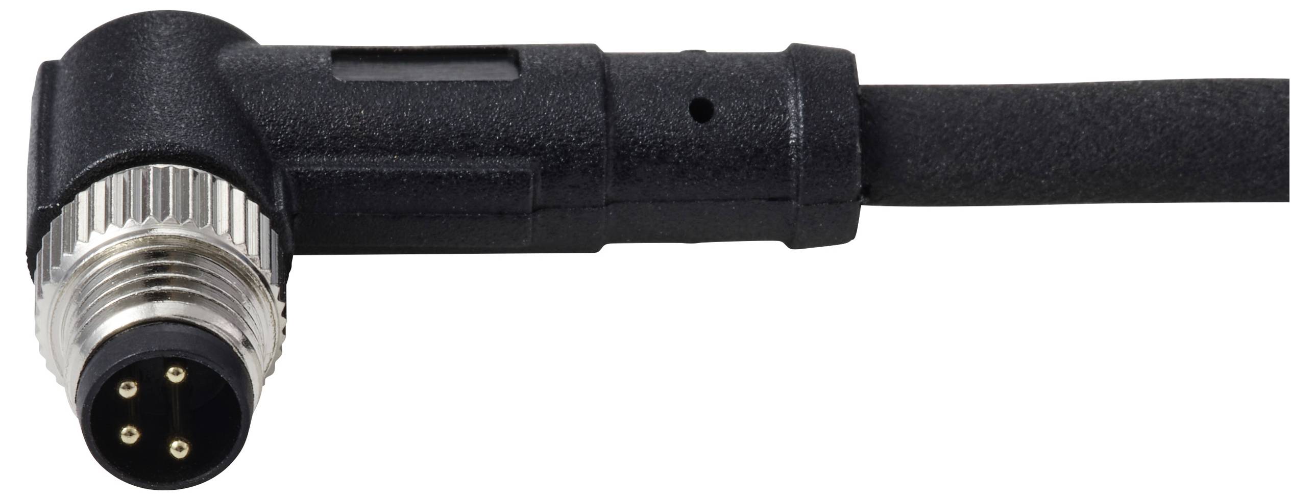 Winkeldurchmesser-M12-Stecker männlich mit 5 Pins, an ein schwarzes Kabel angeschlossen.