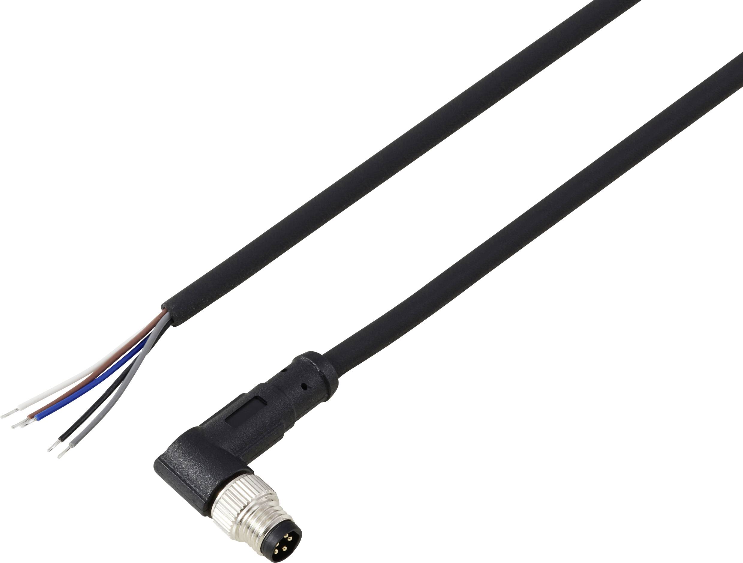Ein schwarzes Rechtwinkalkabel mit einem 5-poligen männlichen Stecker auf der einen Seite und freigelegten Leitern (rot, blau, schwarz, weiß) auf der anderen Seite.