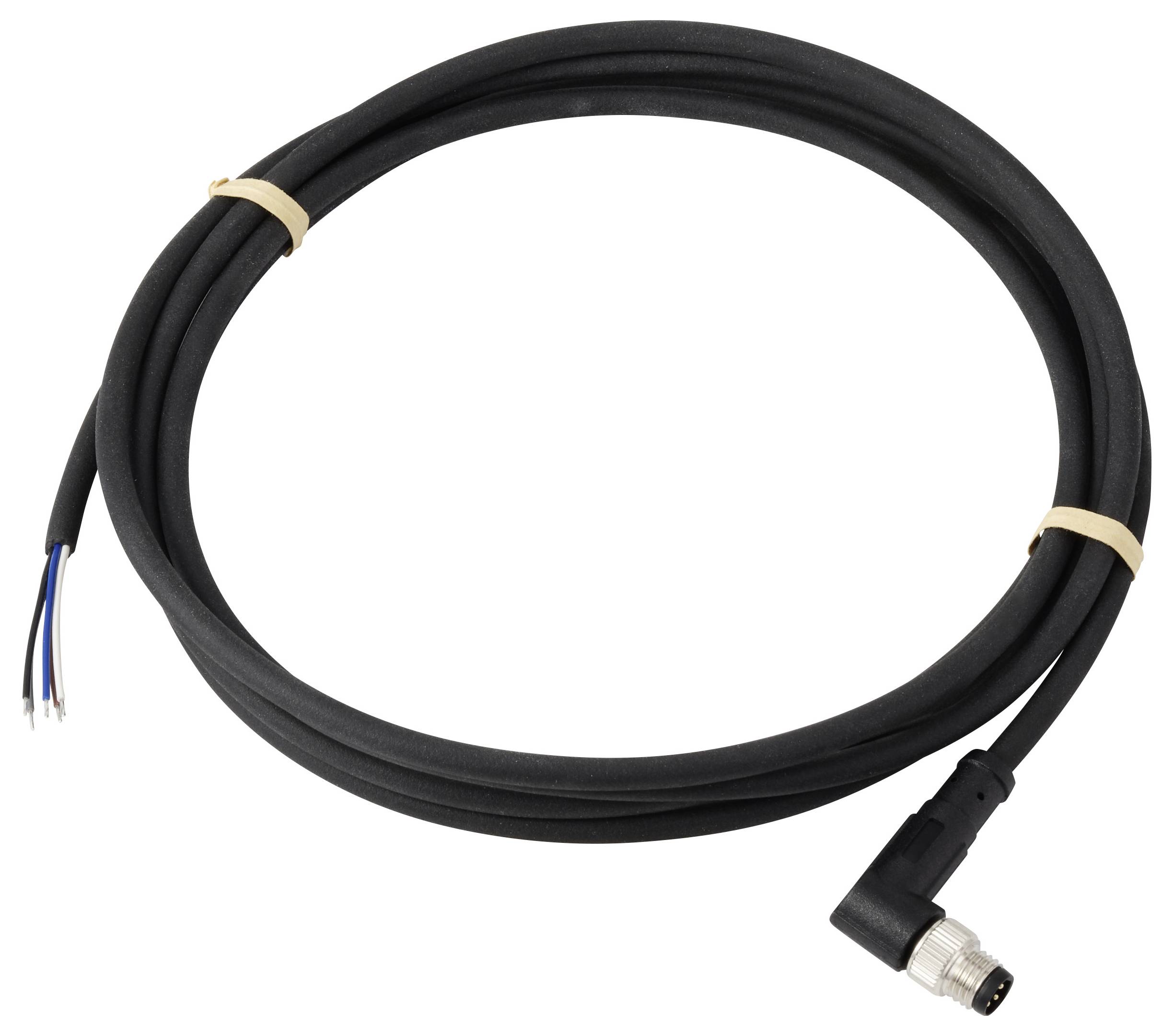 Schwarzes Kabel mit Winkelstecker und freigelegten Leitungen am anderen Ende, mit zwei beigen Kabelbindern aufgewickelt.