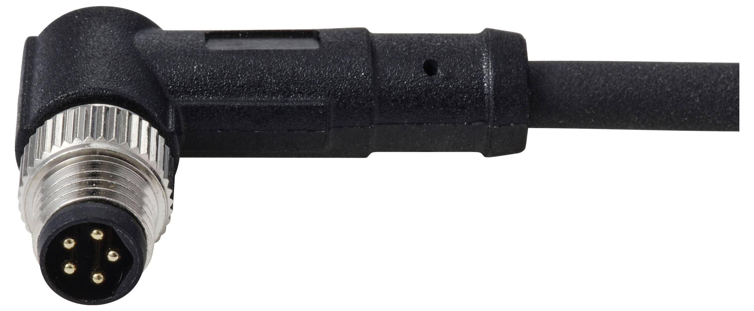 Ein schwarzer Winkel-Elektrostecker mit fünf goldenen Kontaktstiften, an ein schwarzes Kabel angeschlossen.
