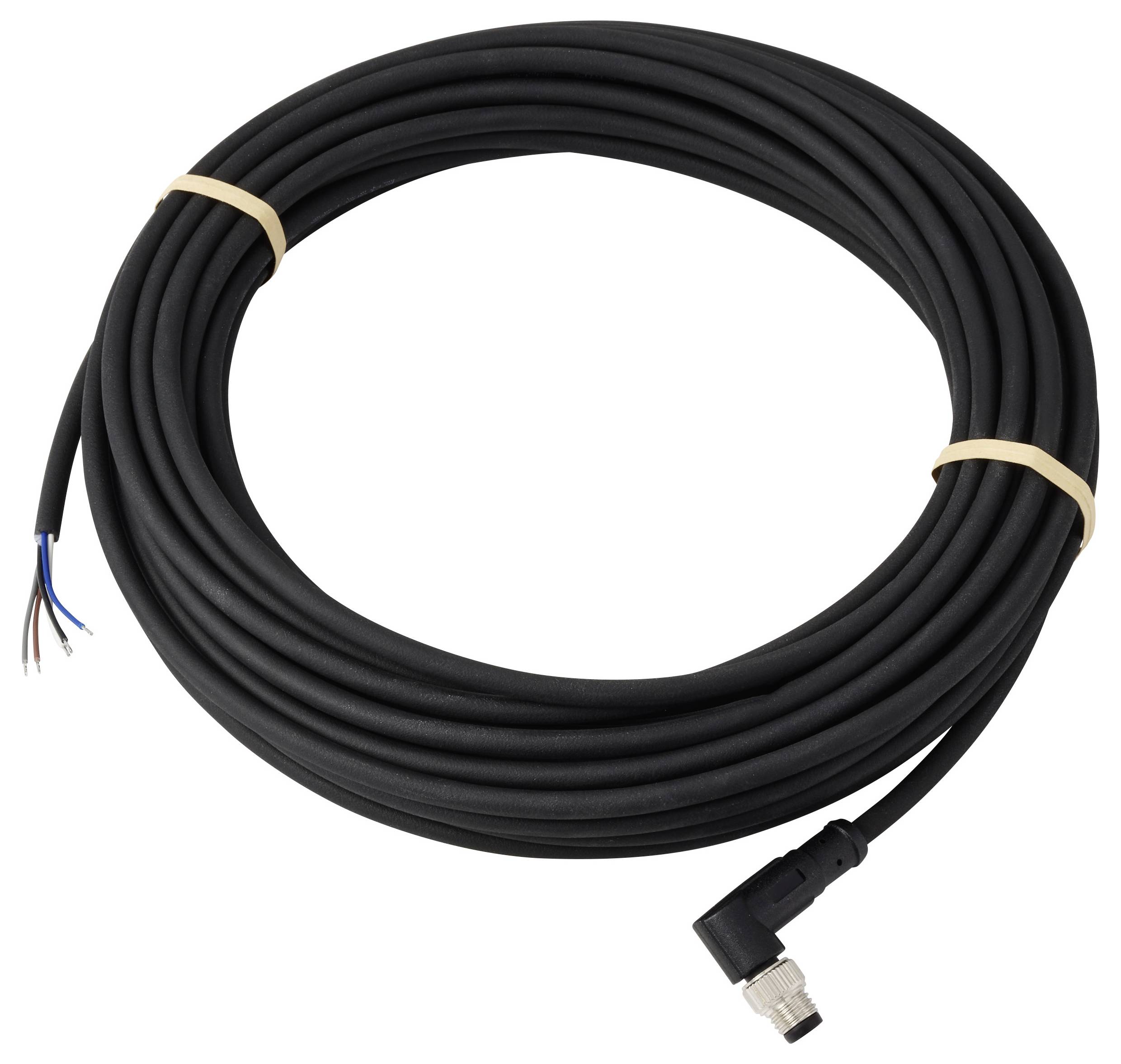Ein gewickeltes schwarzes elektrisches Kabel mit freiliegenden Drähten an einem Ende und einem Winkelstecker am anderen Ende, gesichert mit Gummibändern.