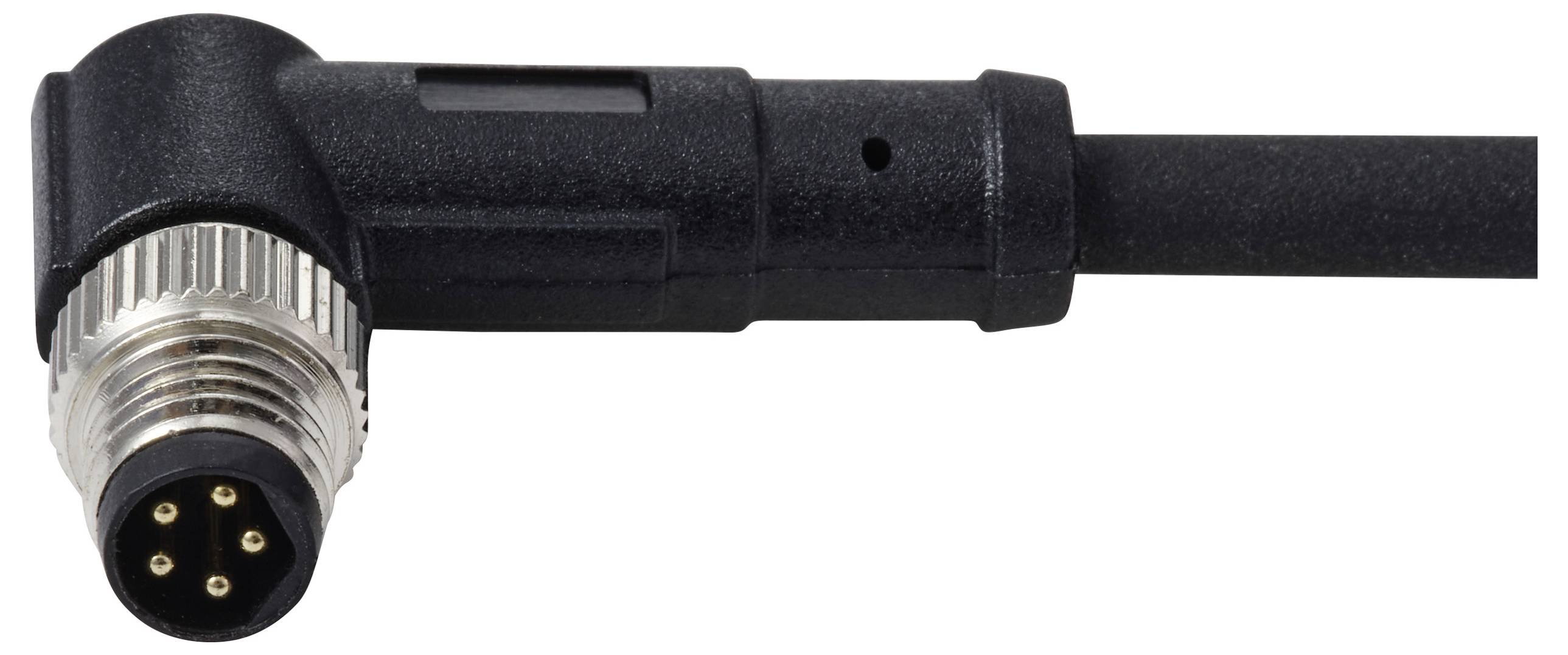 Rechtwinkliger M12-Steckverbinder mit fünf Metallstiften und schwarzem Kabel, verwendet für industrielle und elektrische Anwendungen.