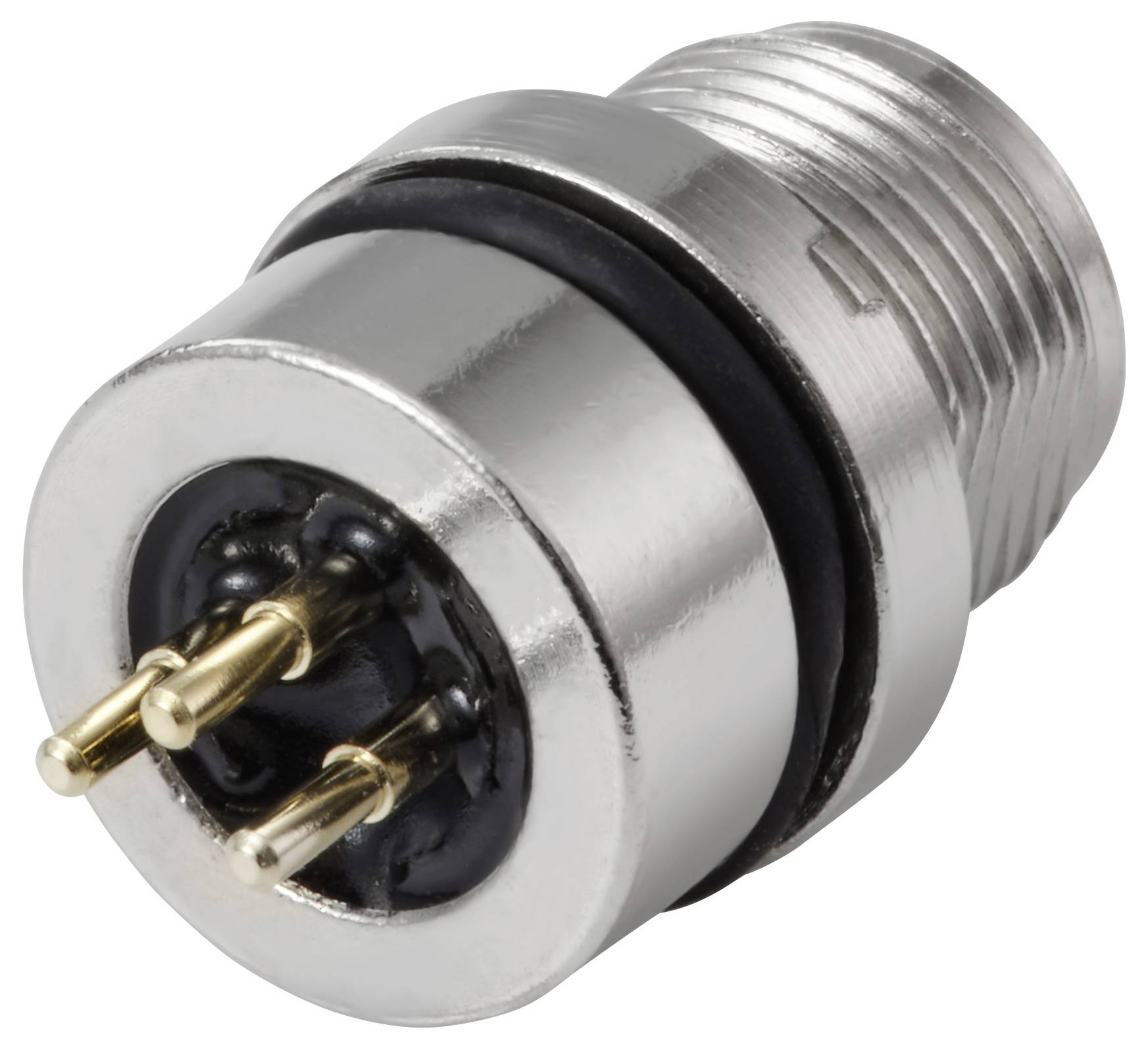 Ein zylindrischer Metallsteckverbinder mit drei hervorstehenden Goldpins, konzipiert für sichere und stabile elektronische Verbindungen.