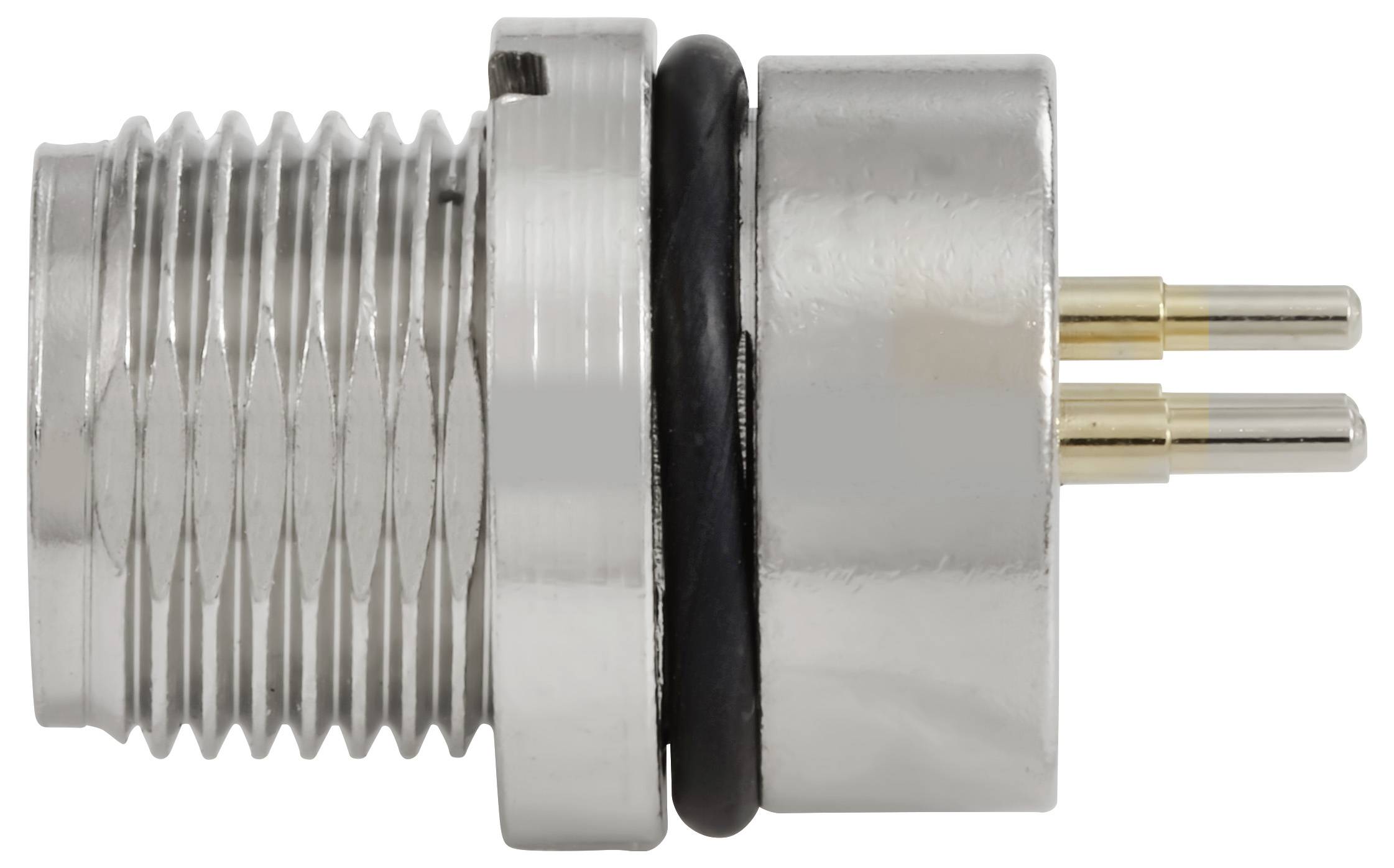 Ein metallischer zylindrischer elektrischer Stecker mit zwei Goldstiften und einem schwarzen Ring, geeignet für industrielle Anwendungen.