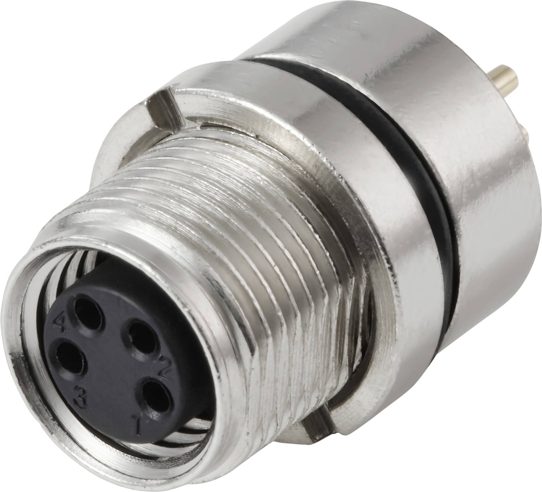 Ein vierpinniger metallischer Verbinderstecker mit kreisförmiger, verschraubter Konstruktion, typischerweise zur Verbindung elektronischer Komponenten verwendet.