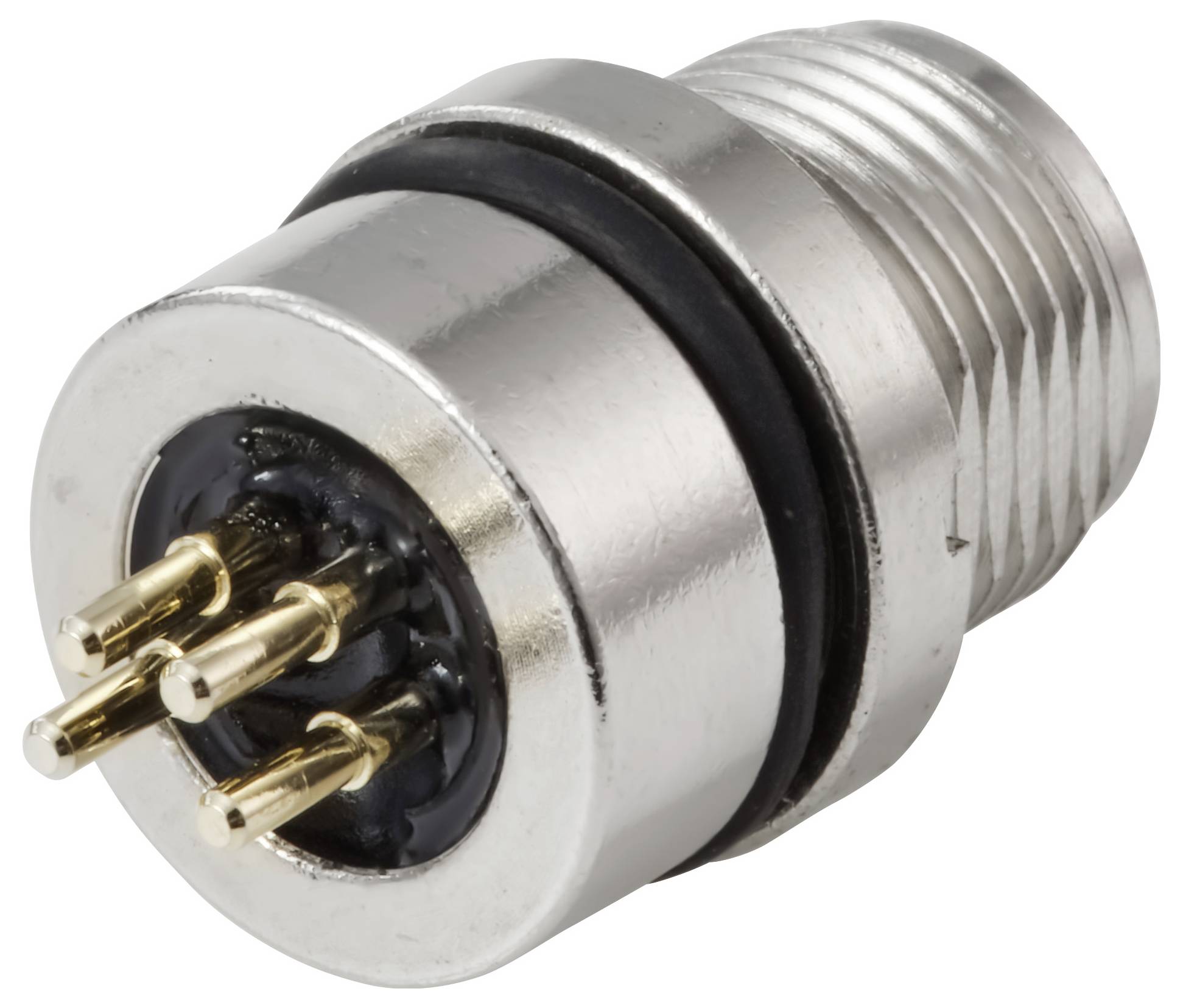 Metallischer Verbinder mit vier Goldstiften und einer schraubenförmigen Basis, verwendet für elektrische Verbindungen.
