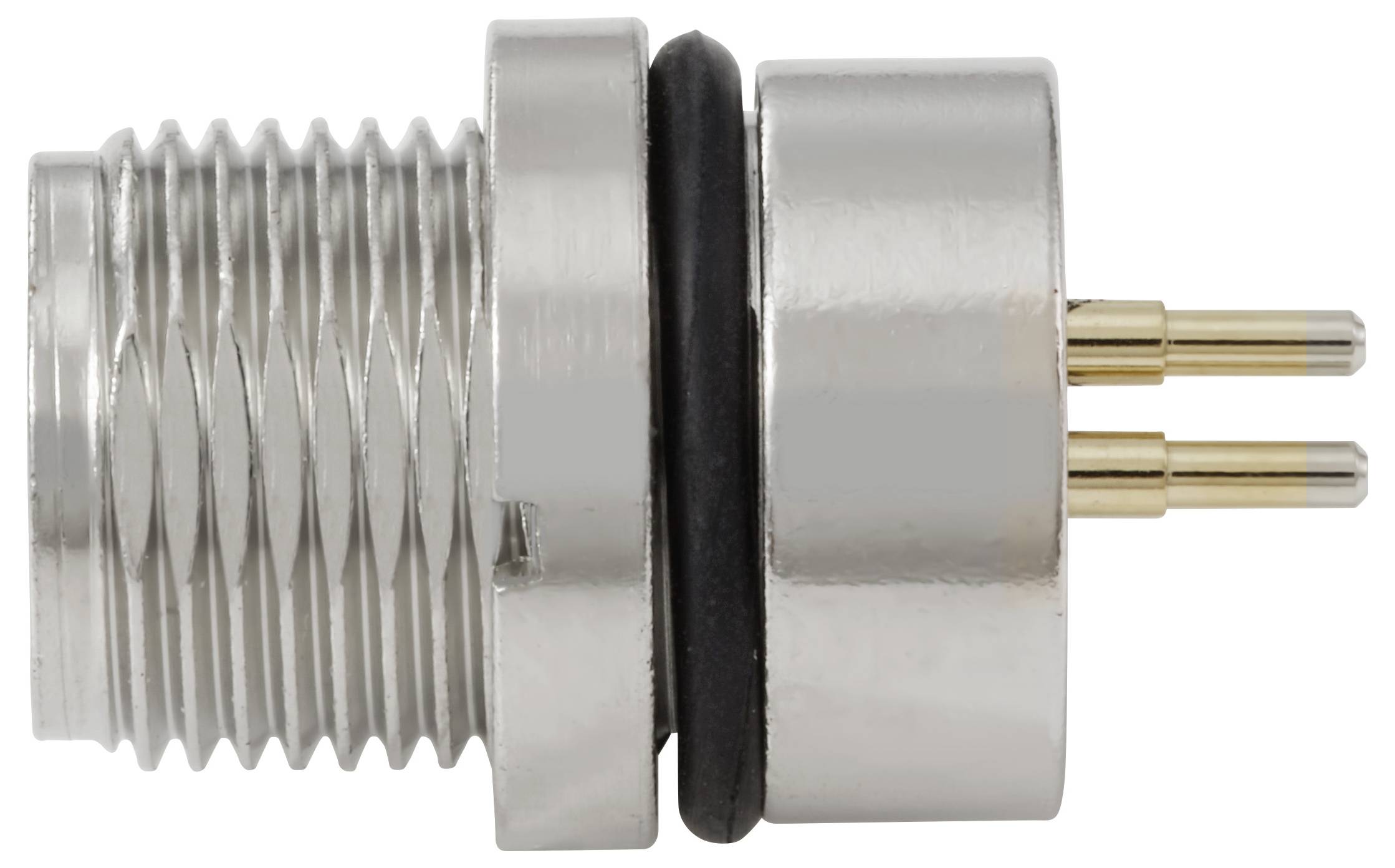 Ein metallischer zylindrischer elektrischer Anschluss mit zwei goldenen Stiften, die aus einem Ende hervorragen, und einem gerillten Gehäuse, konzipiert für eine sichere Befestigung.