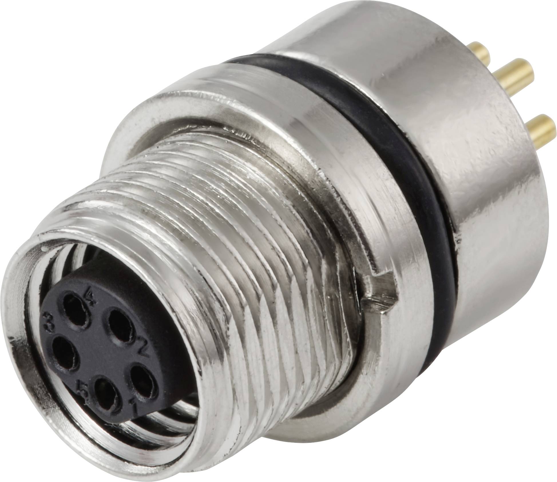 Ein Metall-Gewindeanschluss für elektrische Verbindungen mit mehreren Pins und einer schwarzen Buchse, konzipiert für sichere elektrische Verbindungen.