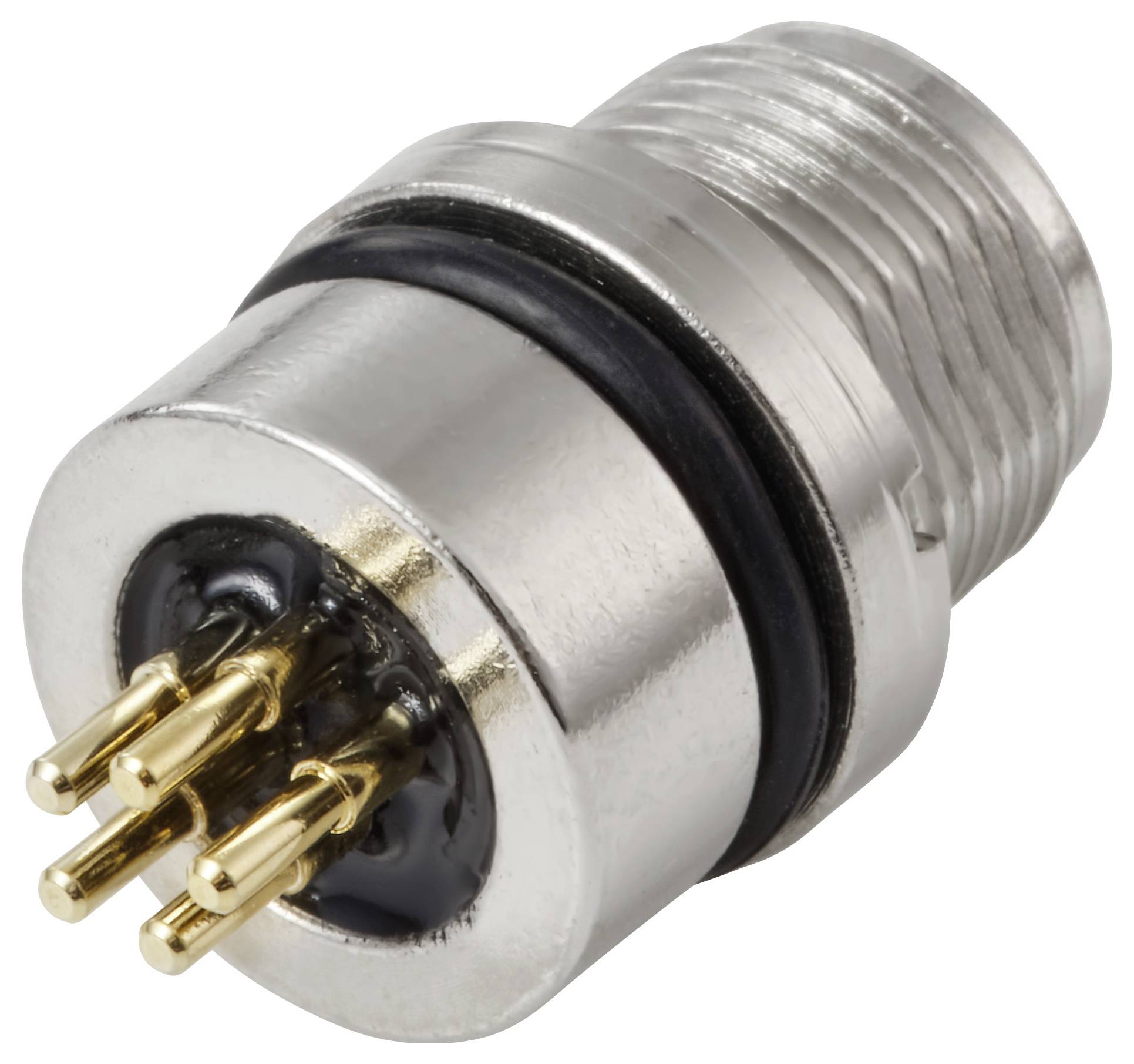 Eine Detailaufnahme eines metallenen elektrischen Verbindungsstücks mit mehreren goldenen Kontaktstiften und einem verschraubbaren Ende, das für die Sicherung von Verbindungen in elektronischen Geräten verwendet wird.