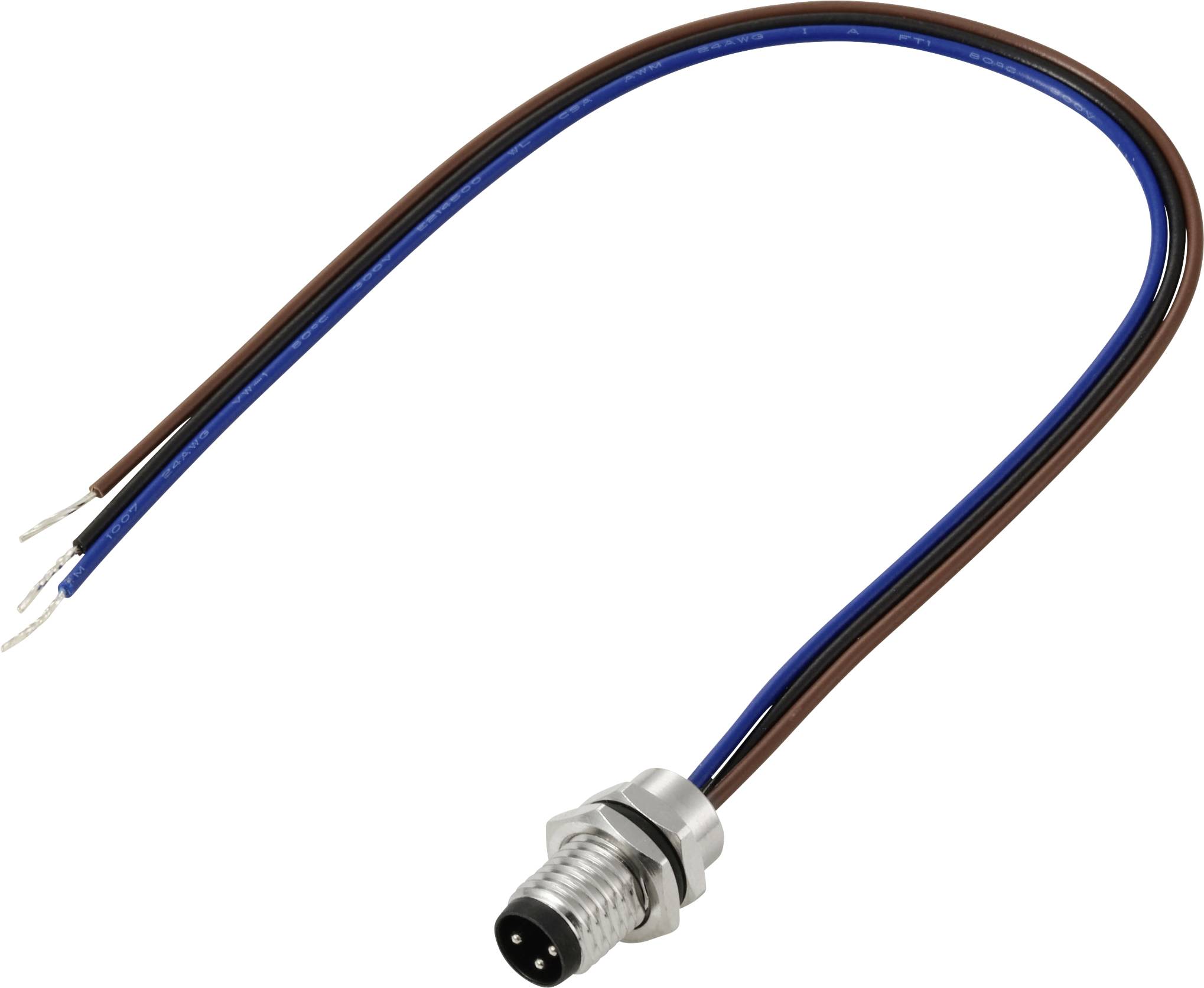 Eine Nahaufnahme eines elektrischen Steckverbinders mit angeschlossenen braunen und blauen Kabeln, der zum Verbinden von Geräten oder Stromkreisen verwendet wird.