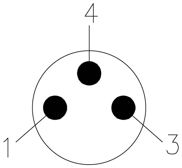 Diagramm einer kreisförmigen Buchse mit drei runden Anschlüssen, beschriftet mit 1, 3 und 4, die die Pin-Konfiguration anzeigen.