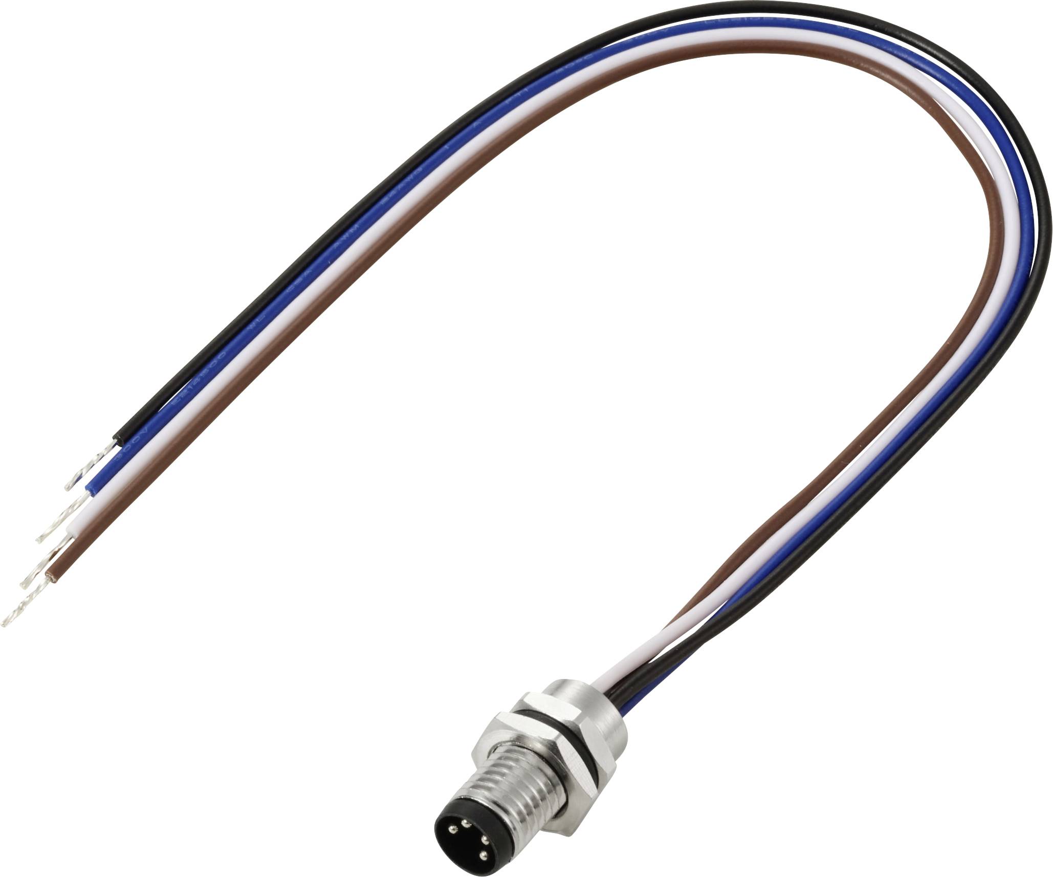 Ein Drei-Draht-Anschluss mit Metallgehäuse und freiliegenden Drähten in Schwarz, Braun und Blau.