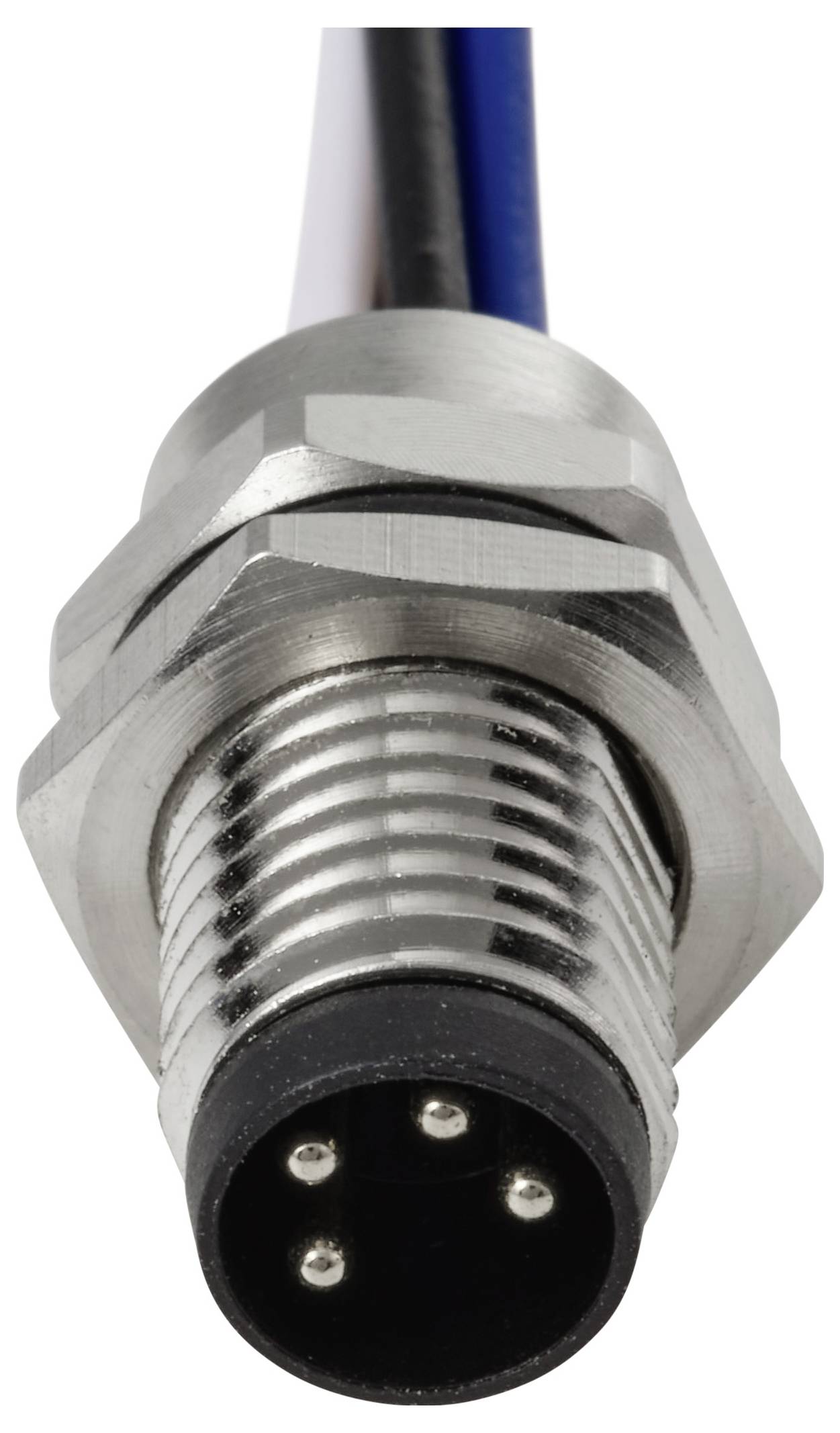 Nahaufnahme eines metallischen zylindrischen Verbindungsstücks mit einem gerillten Ende und vier Steckplätzen, das an ein Kabel angeschlossen ist.