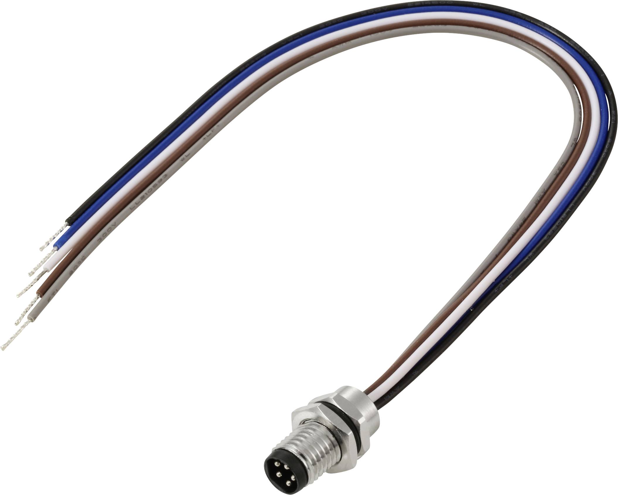 Ein Kabel mit einem Metall-4-Pin-Stecker an einem Ende und vier freiliegenden Drähten - schwarz, braun, blau und weiß - am anderen Ende für elektrische Verbindungen.