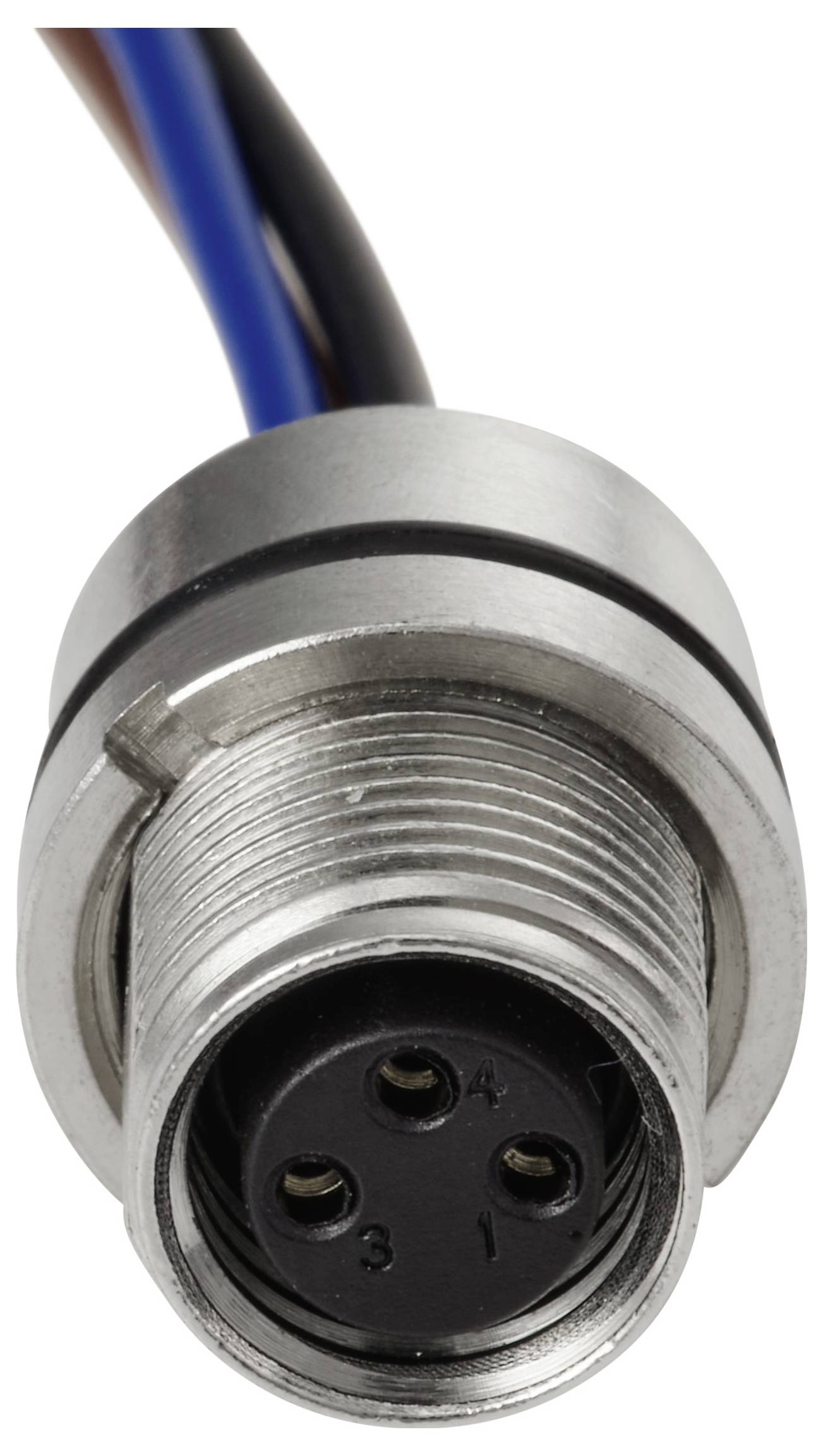 Eine Nahaufnahme eines kreisförmigen, metallischen, vierpinigen elektrischen Steckverbinders mit angeschlossenen Kabeln, die nummerierte Pinpositionen zur Ausrichtung zeigt.