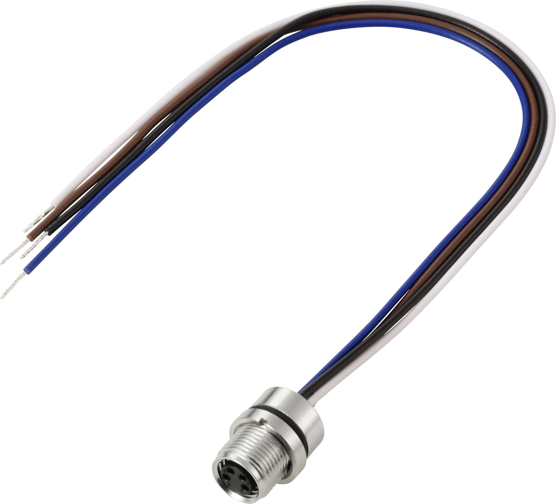 Ein Metallverbinder mit drei farbigen Kabeln: braun, blau und schwarz, die von ihm ausgehen und zur Verbindung von elektronischen Komponenten verwendet werden.