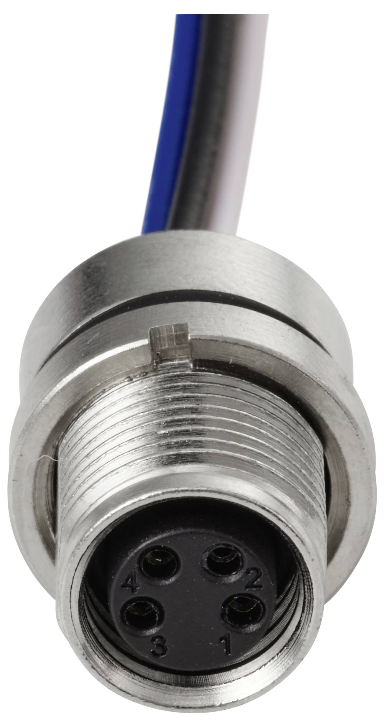 Ein vierpinniger kreisförmiger Metallstecker mit einer verschraubbaren Kopplungsmutter und blau-, weiß- und schwarzfarbenen Kabeln, die aus der Rückseite herausragen.