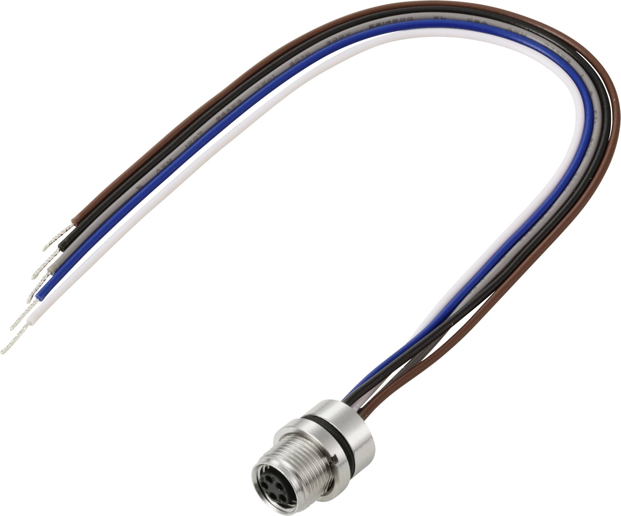Ein zylindrischer Stecker mit vier herausgeführten Leitungen: braun, blau, weiß und schwarz. Verwendet für elektrische Verbindungen in industriellen Umgebungen.