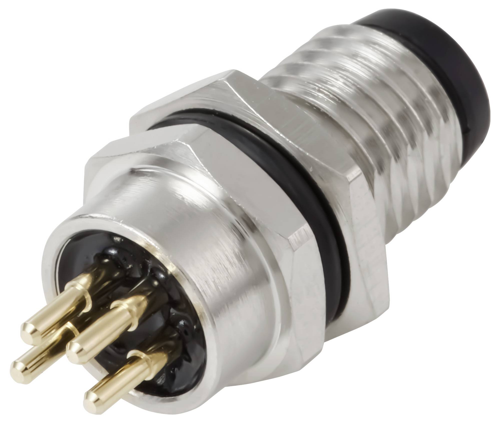 Ein zylindrischer Metall-Elektroverbinder mit vier Goldstiften und einem schwarzen Gummiring, der für zuverlässige Kabelverbindungen verwendet wird.
