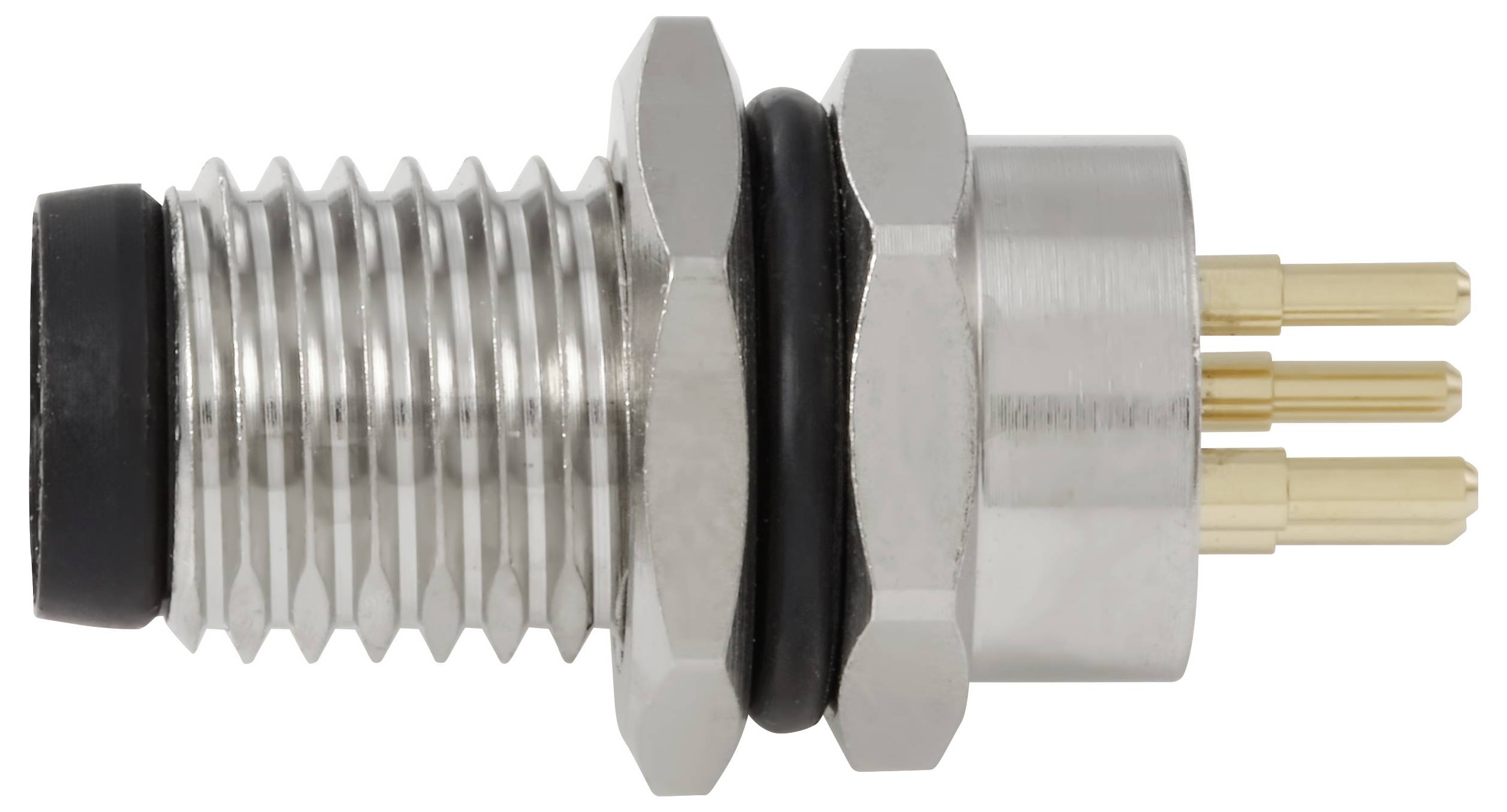 Ein metallischer Gewindeanschluss mit drei goldenen Stiften und zwei schwarzen O-Ringen, konzipiert für elektrische oder mechanische Kupplung.