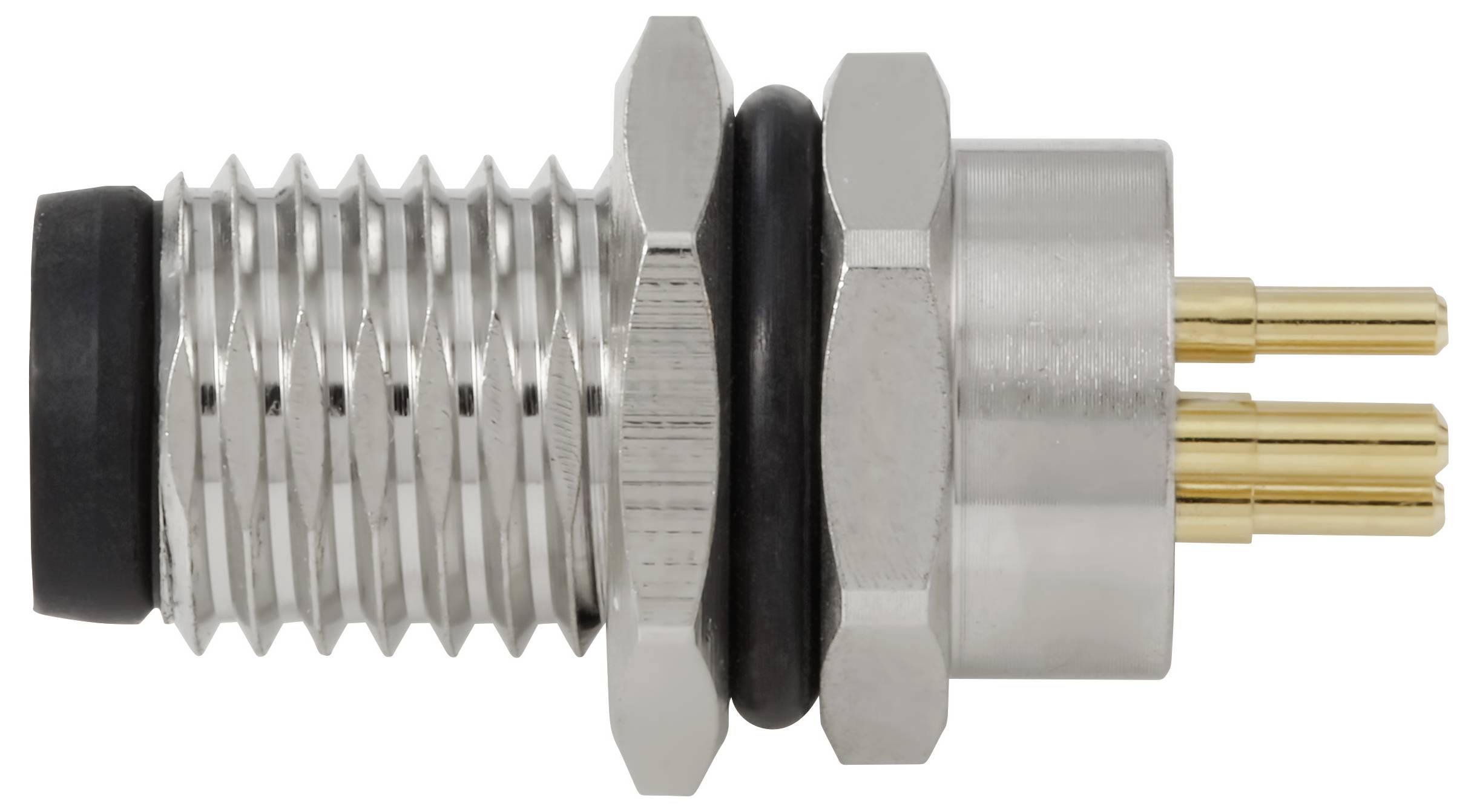 Ein Metall-Elektroverbinder mit einem Gewinde-Gehäuse, schwarzer Gummidichtung und drei goldenen Kontaktstiften an einem Ende, konzipiert für eine sichere Befestigung.